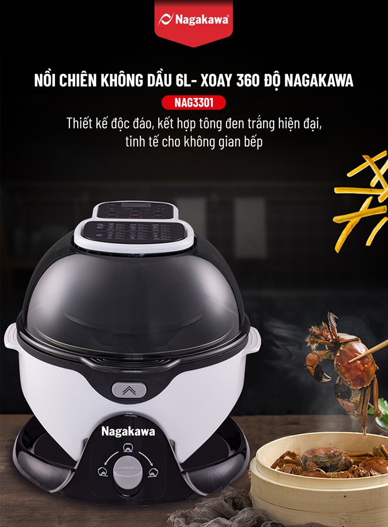 Nồi chiên không dầu Nagakawa NAG3301 có thiết kế độc đáo xoay 360 độ gọn gàng, tinh tế