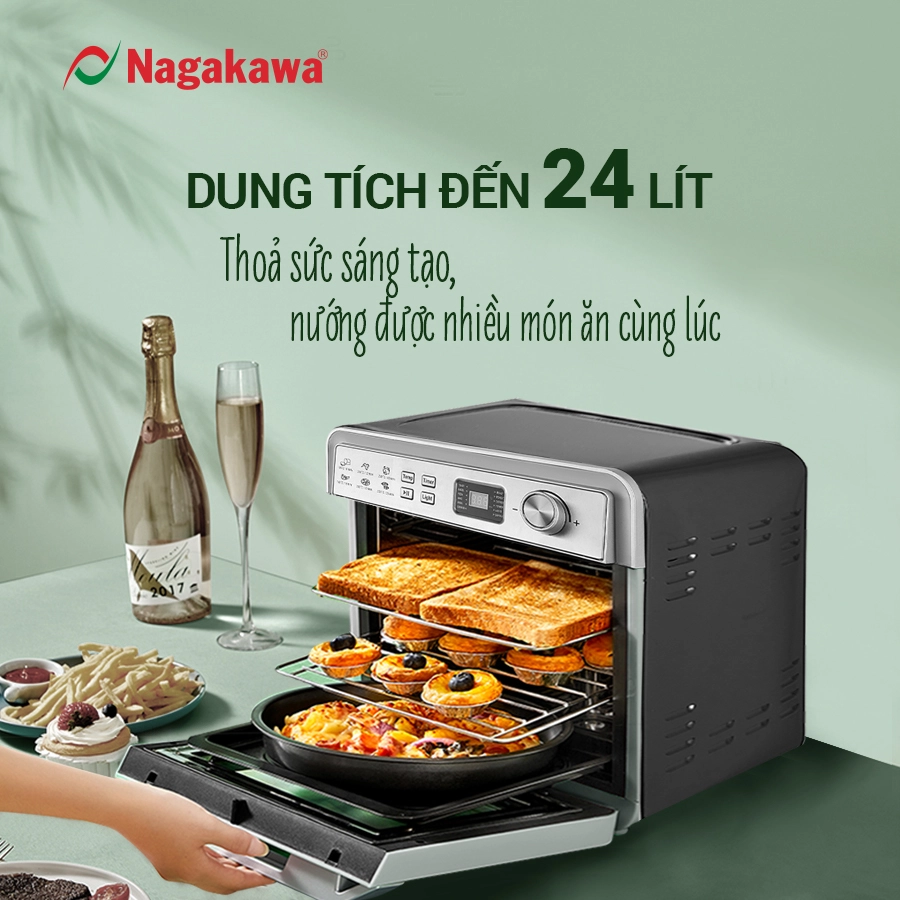 Nồi chiên không dầu Nagakawa NAG3309 được thiết kế có dung tích 24 lít có thể nướng được nhiều món ăn cùng lúc