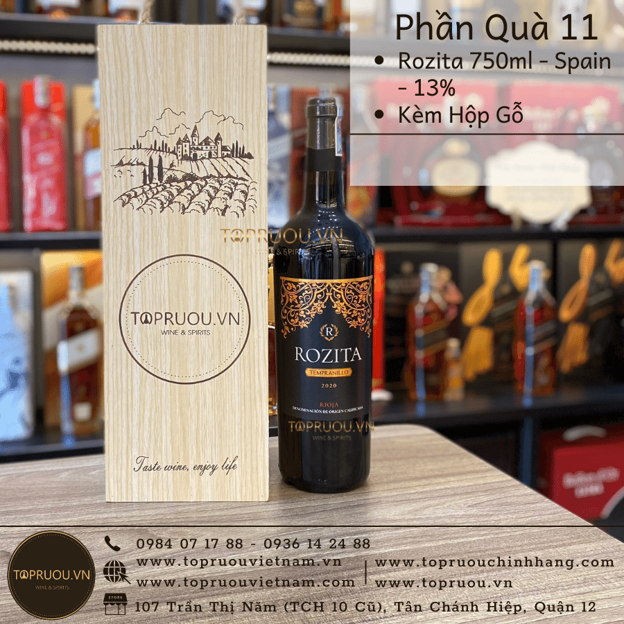 Phần Quà 11: 1 Chai Rozita 750ml - Spain - 13% + 1 Hộp Gỗ Đơn