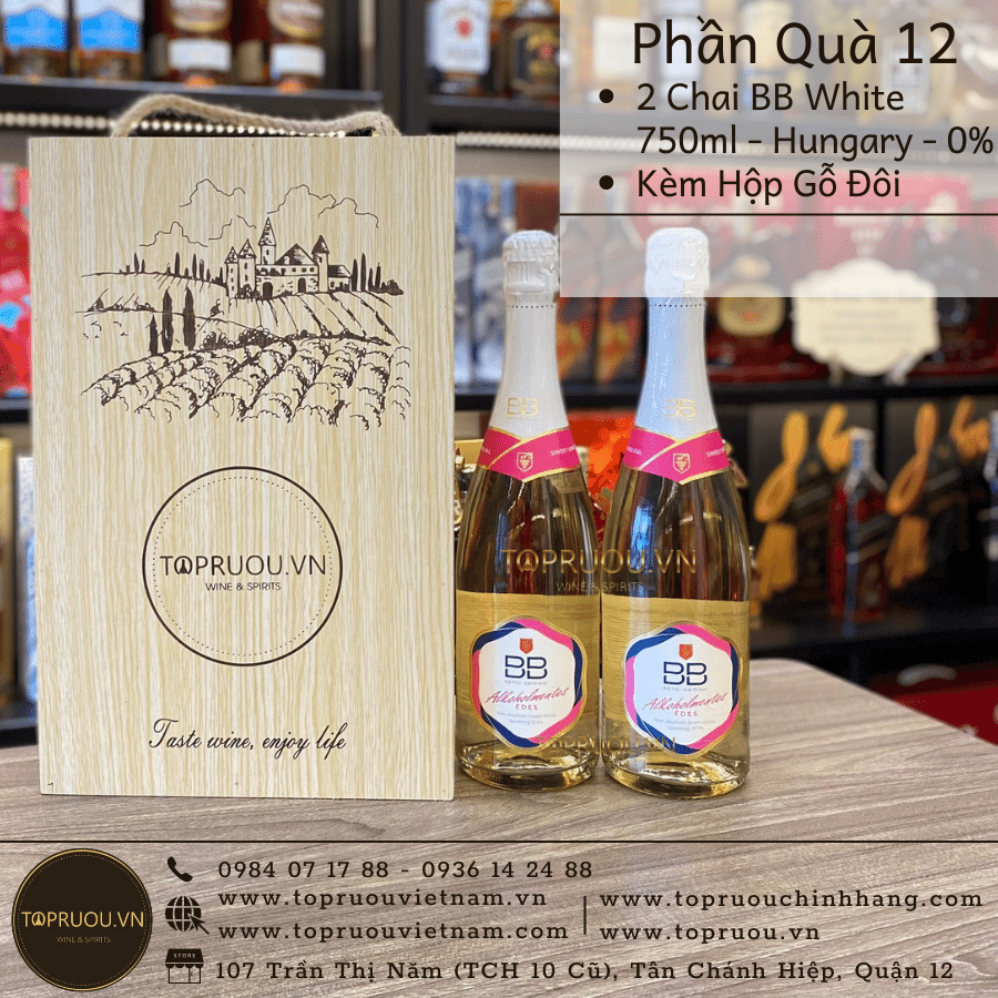 Phần Quà 12: 2 Chai BB White 750ml - Hungary - 0% + 1 Hộp Gỗ Đôi
