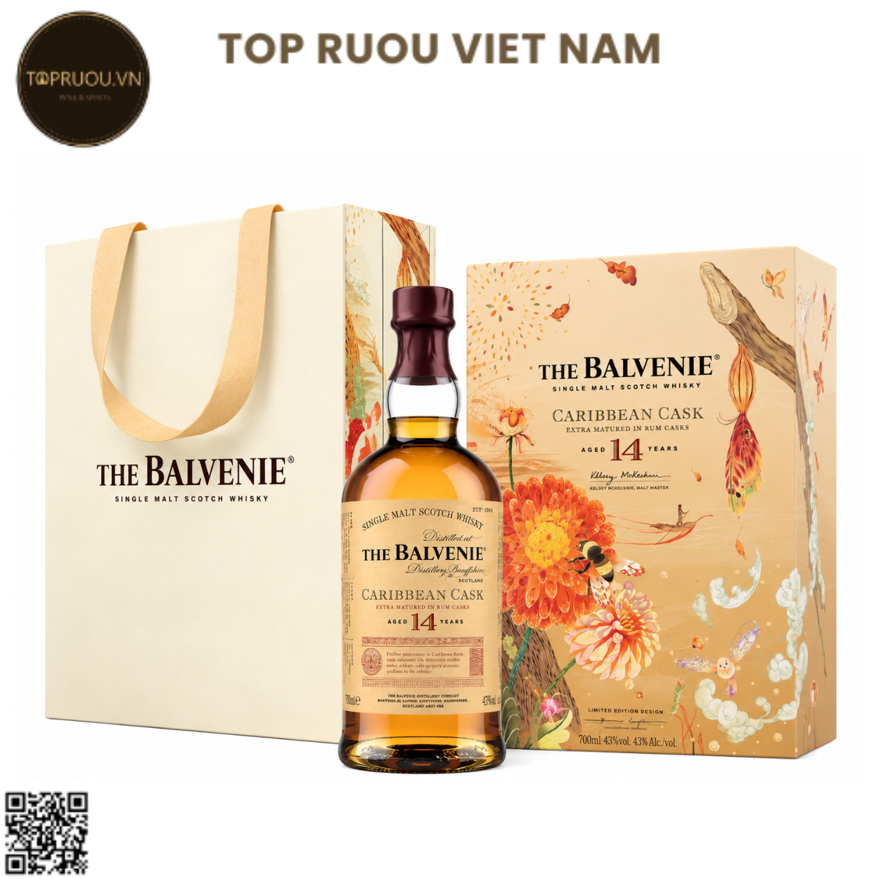 Hộp Quà Whisky Balvenie 14 Caribbean Cask Single Malt F27 (Kèm Túi Hãng) - 700ml - 43% - Scotland