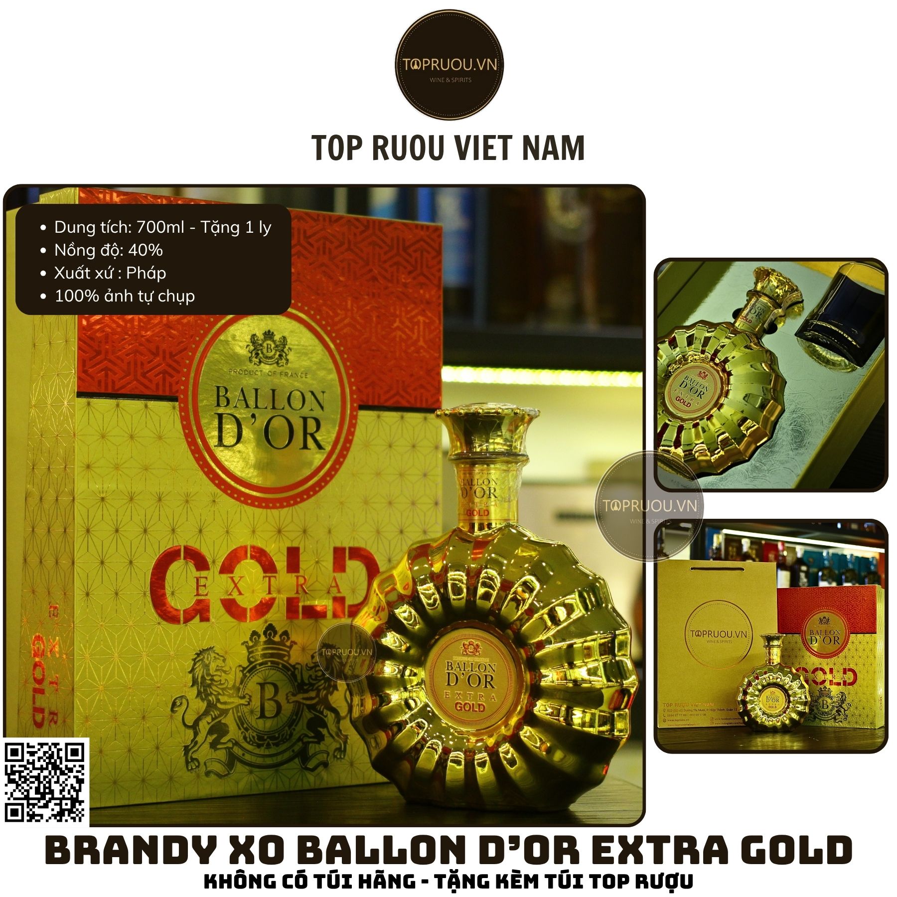 Brandy XO Ballon Extra Gold - 700ml - 40% - Pháp (Không Hộp - Không Ly)