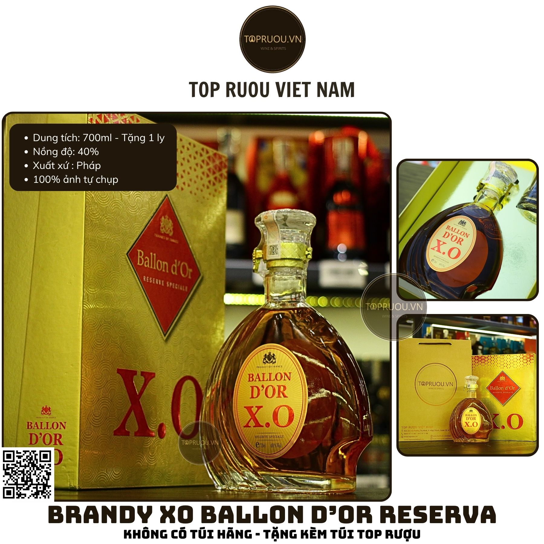 Brandy XO Ballon D'or Reserva - 700ml - 40% - Pháp (Không Hộp - Không Ly)
