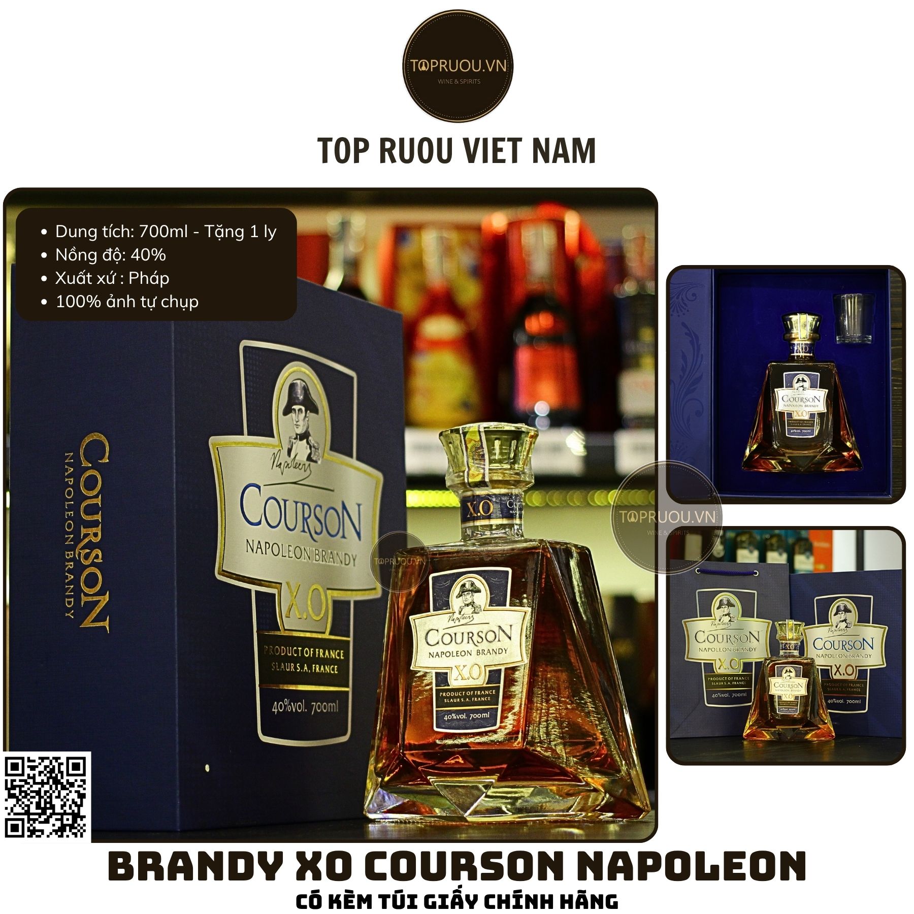 Brandy XO Napoleon Courson (Kèm Túi Giấy Hãng) - 700ml - 40% - Pháp