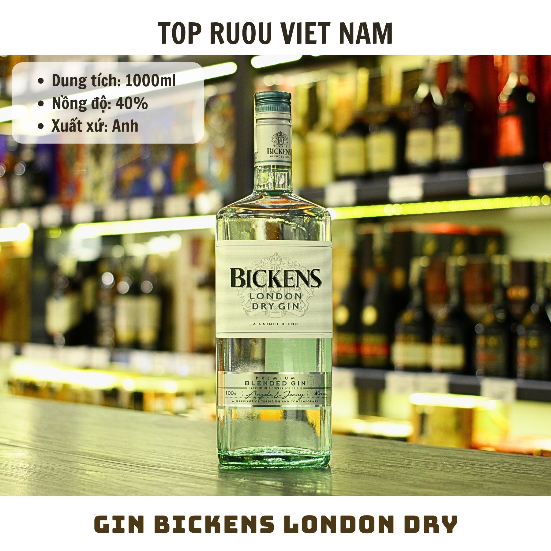 Gin Bickens London Dry - 1000ml - 40% - Anh