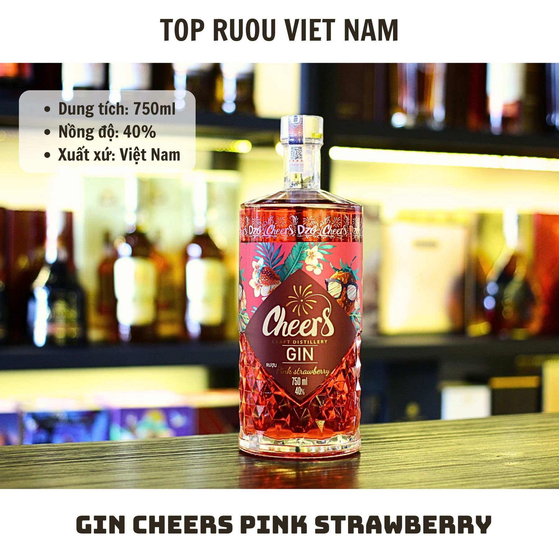 Gin Cheers Pink Strawberry  750ml - 40% - Việt Nam