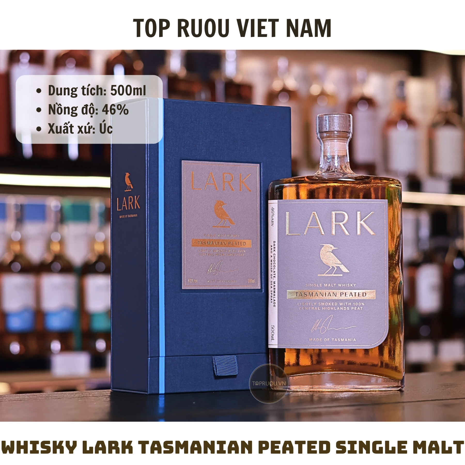 Whisky Lark Tasmanian Peated Single Malt - 500ml - 46% - Úc