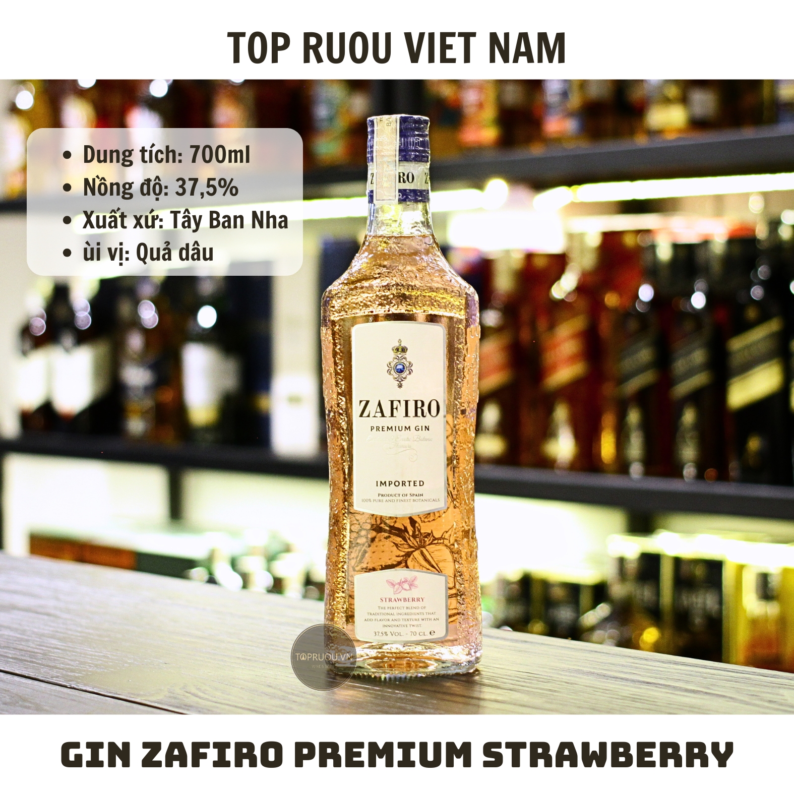 Gin Zafiro  Premium Strawberry 700ml - 37,5% - Tây Ban Nha