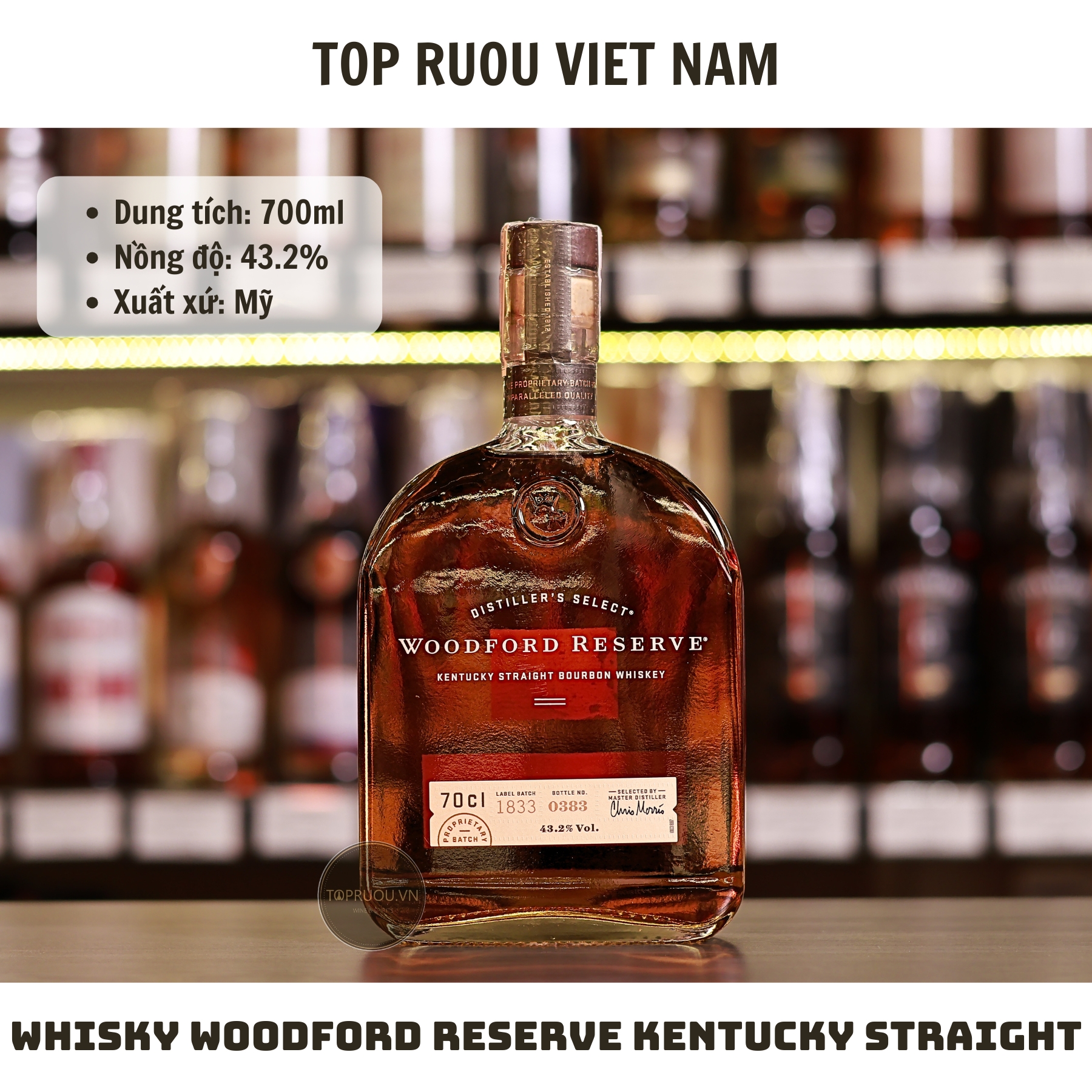 Whisky Woodford Reserve Kentucky Straight Bourbon - 700ml - 43,2% - Mỹ