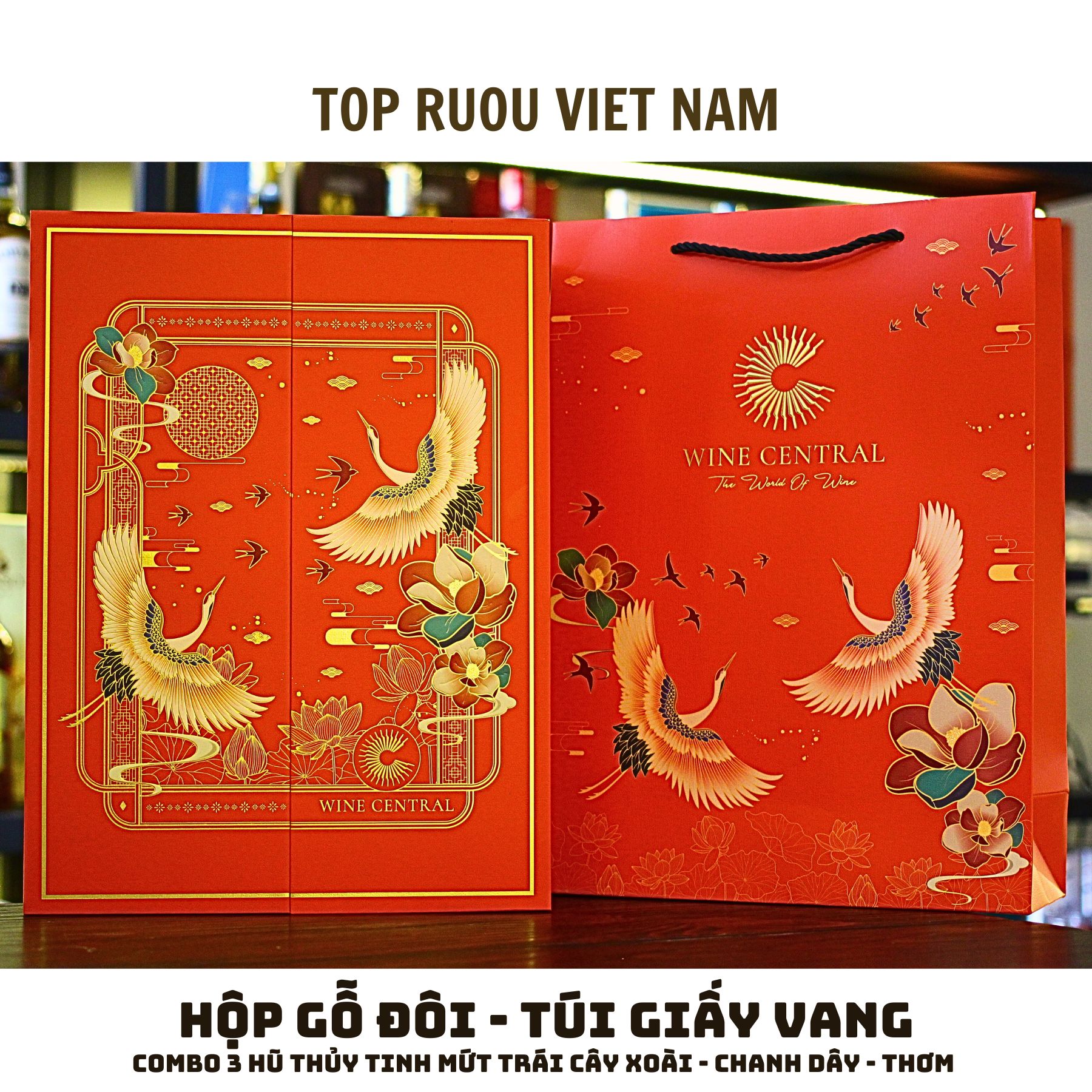 HỘP HẠC ĐỎ 2 CHAI + TÚI SIÊU ĐẸP