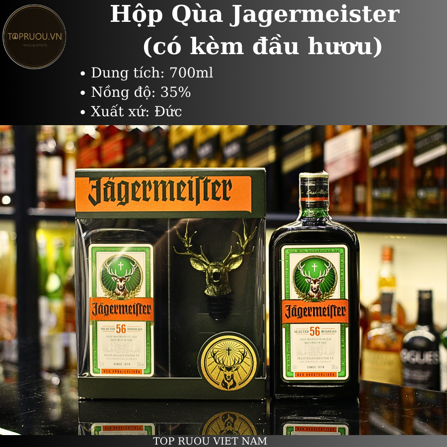 Hộp Quà Jagermeister (Kèm Đầu Hươu Inox xịn) - 700ml - 35% - Đức