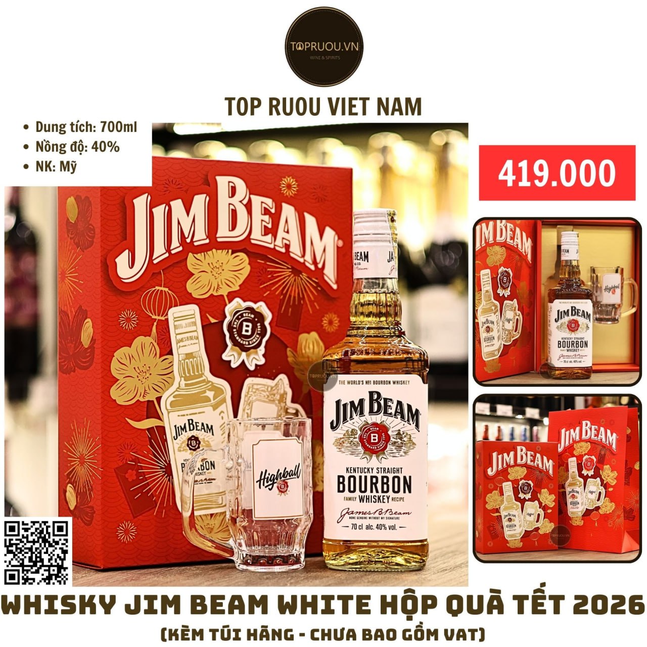 Whisky Jim Beam White Hộp Quà F26 - 700ml - 40% - Mỹ