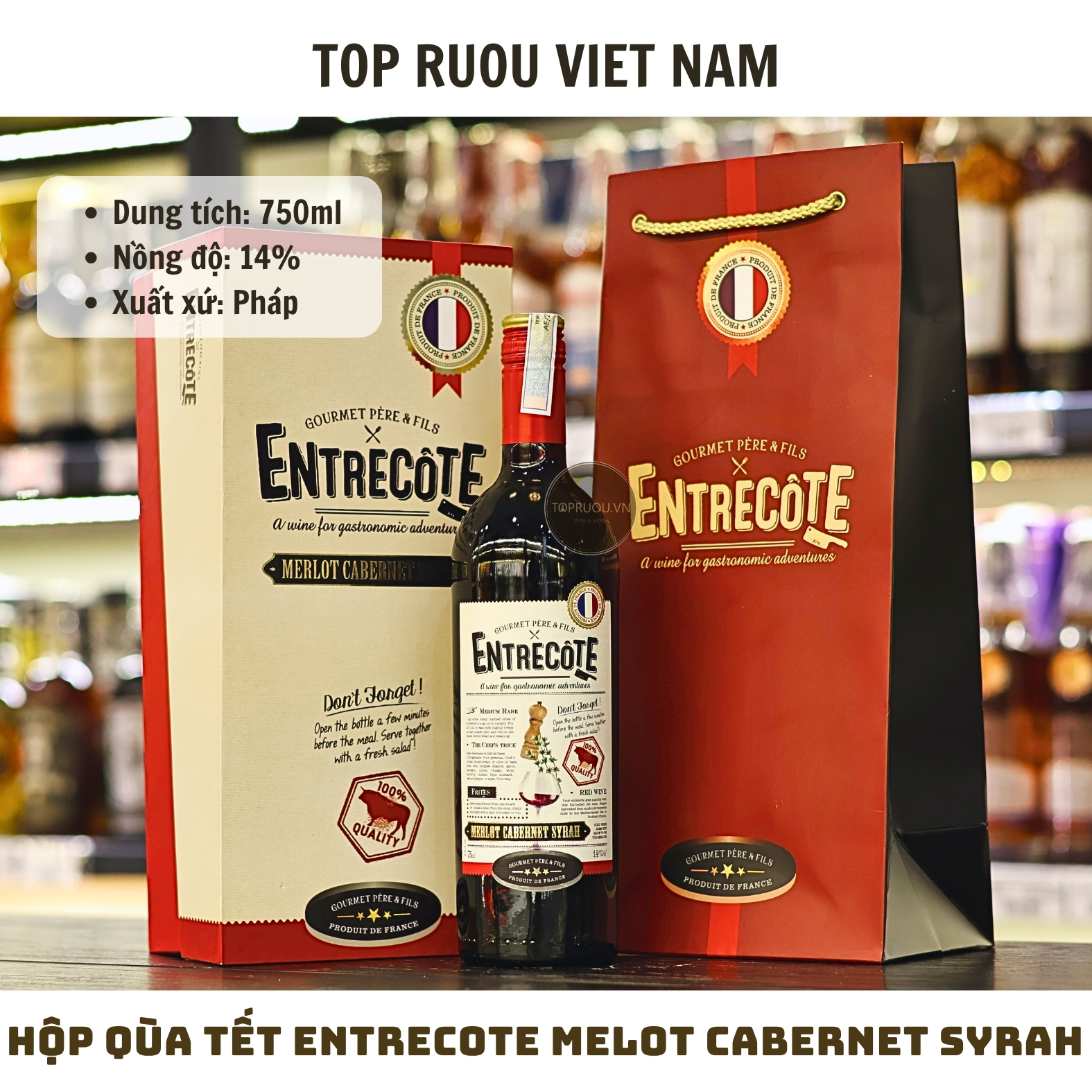 Hộp Quà Rượu Vang Đỏ Entrecote Melot Cabernet SyrahVDP 2023 (Kèm Túi Hãng) - Pháp - 750ml - 14%