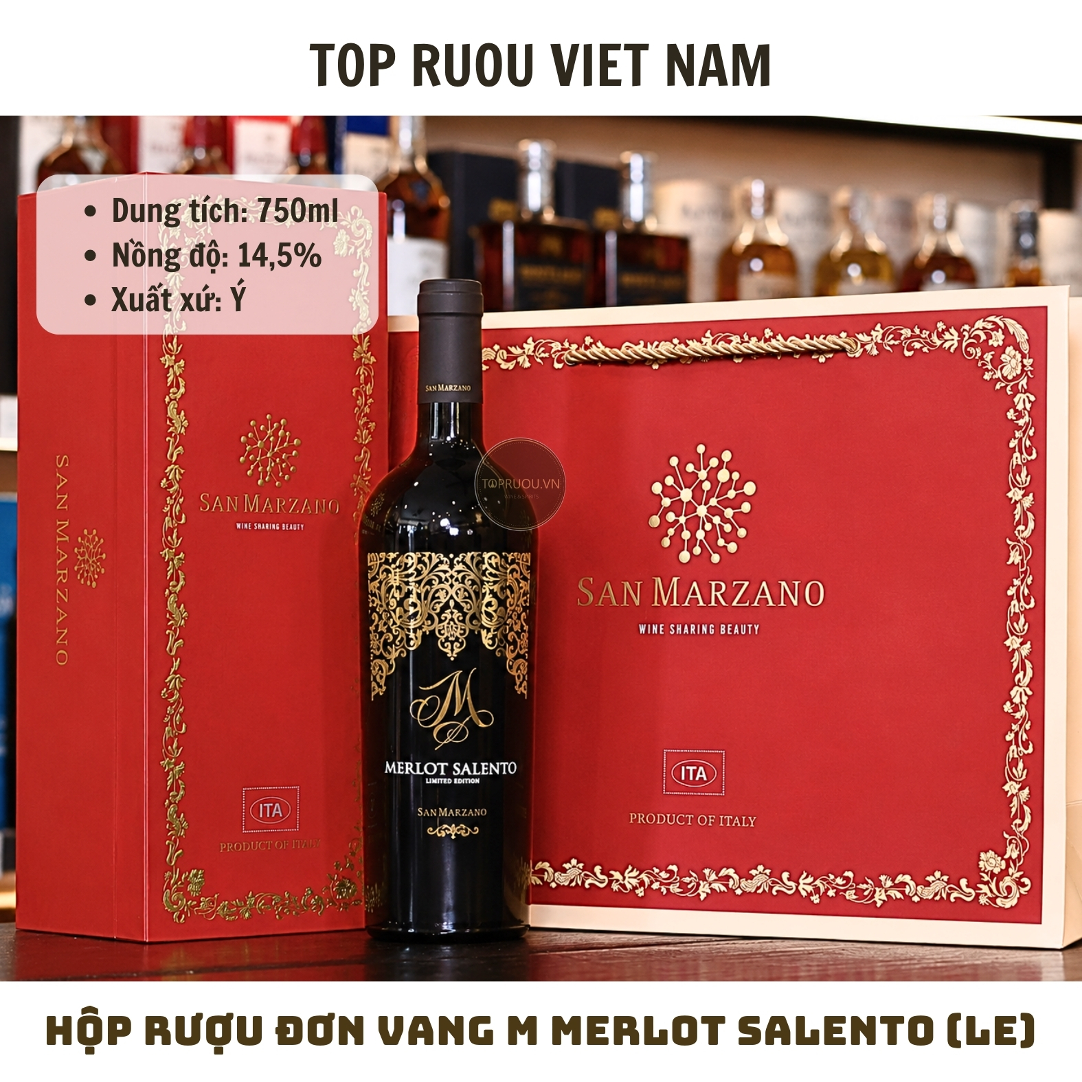 Hộp Quà Rượu Vang Đỏ M Merlot Salento Limited Edition (Kèm Túi Hãng) - Ý - Merlot - 14.5% - 750ml