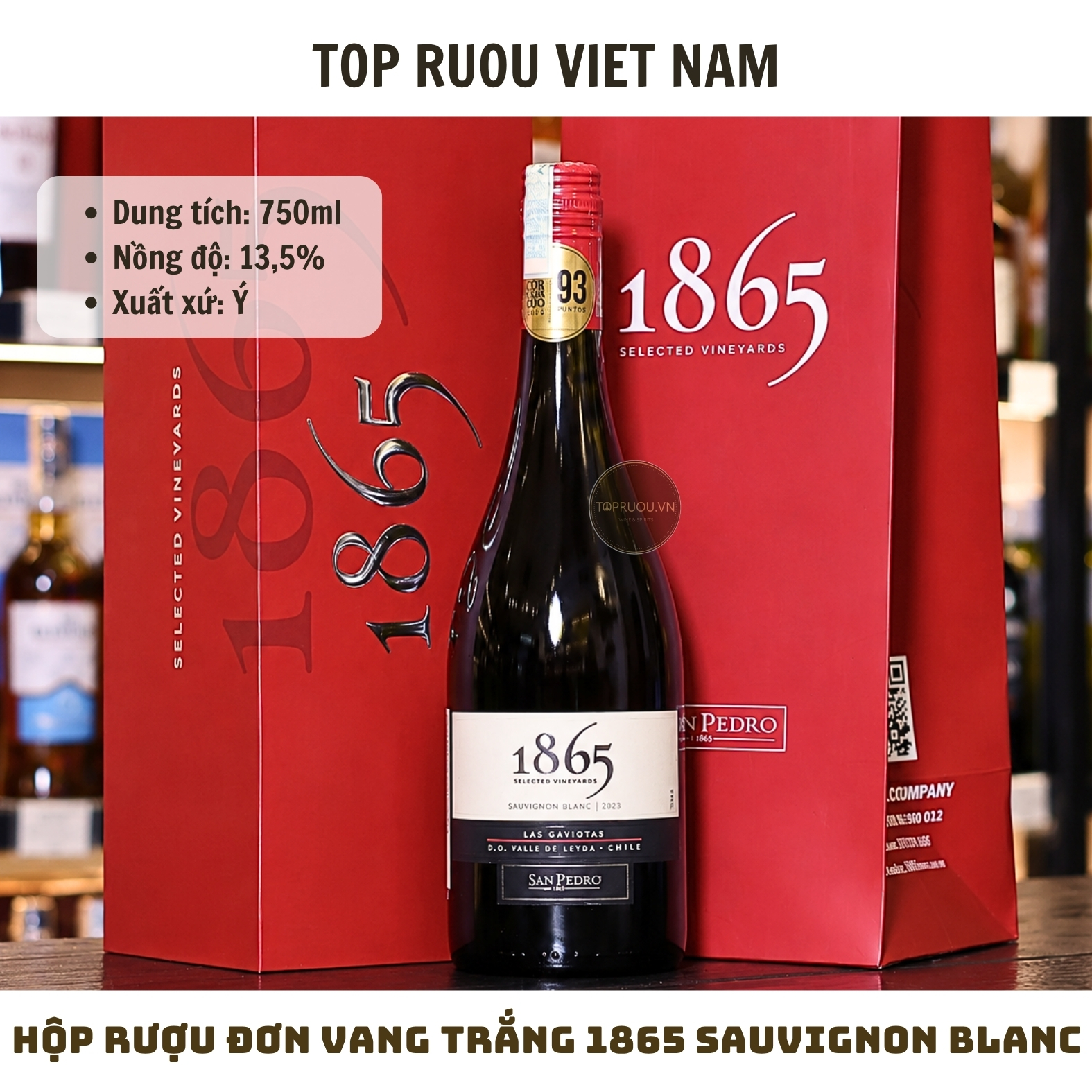 Hộp Quà Rượu Vang Trắng 1865 Sauvignon Blanc - Chile - Sauvignon Blanc - 13,5% - 750ml