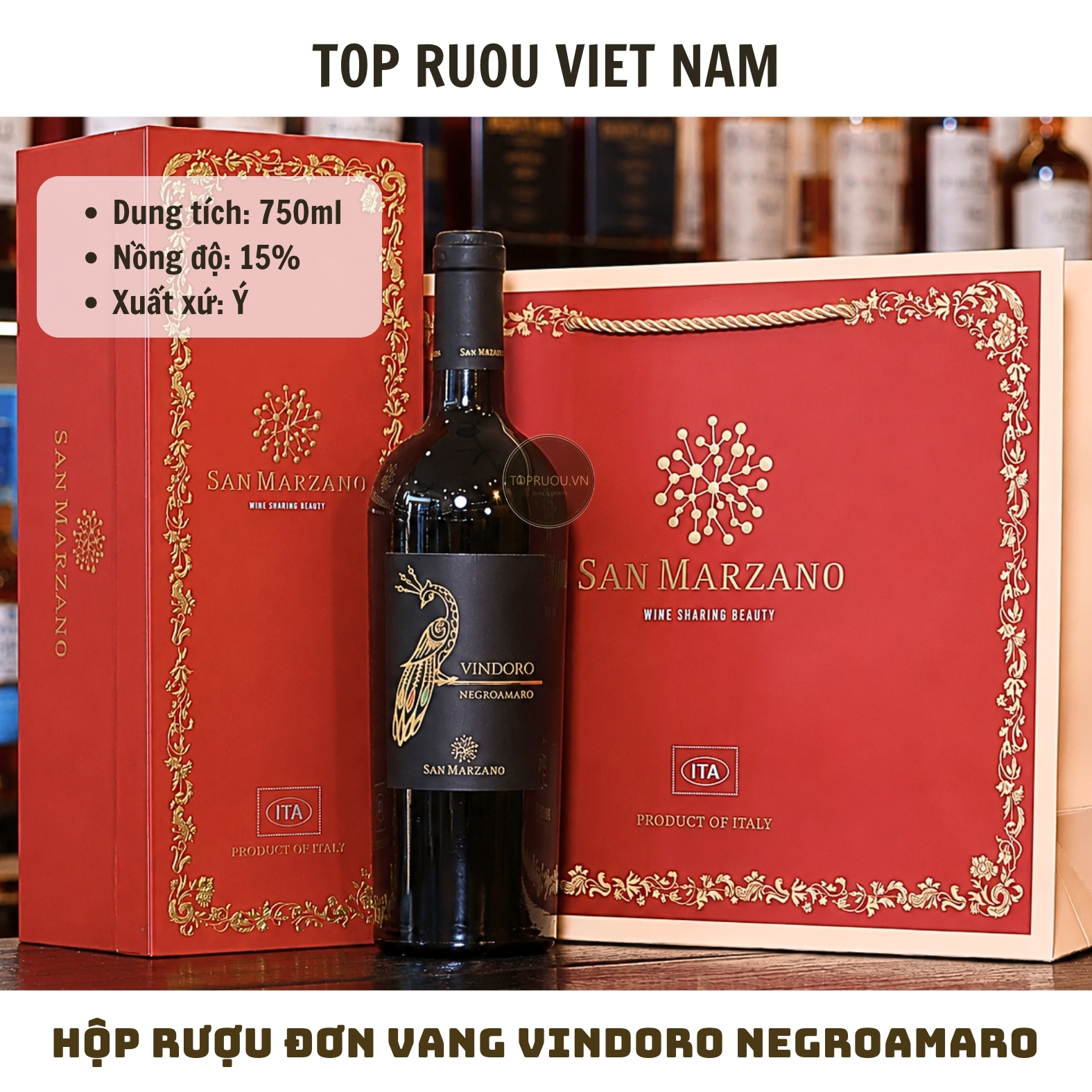 Hộp Quà Rượu Vang Đỏ Vindoro Negroamaro (Kèm Túi Hãng) - Ý - Negroamaro - 15% - 750ml