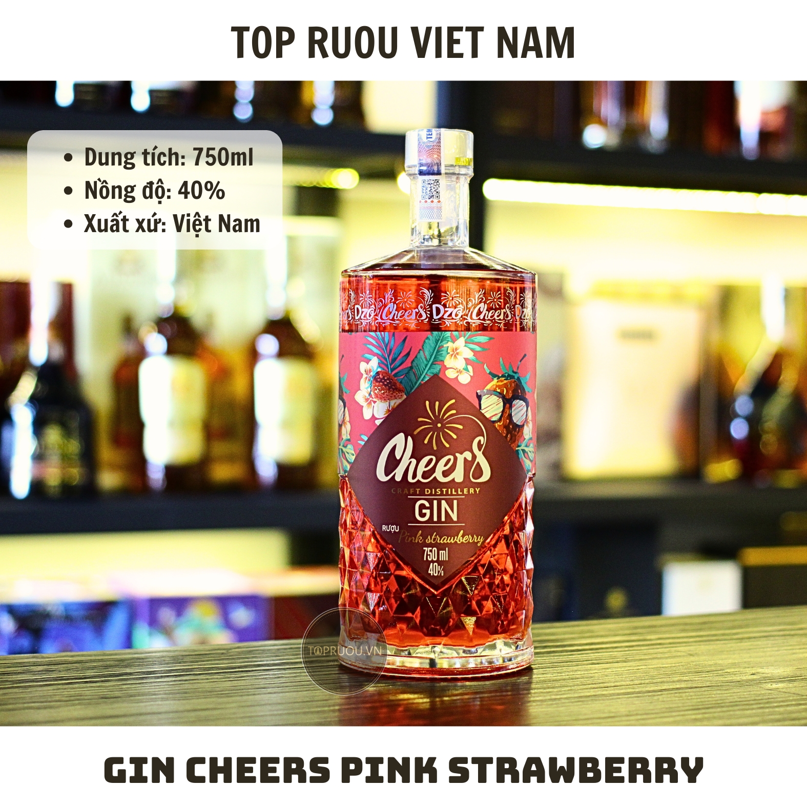 Gin Cheers Pink Strawberry  750ml - 40% - Việt Nam