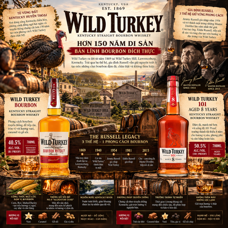 Whisky Wild Turkey 101 Kentucky Straight Bourbon Aged 8 Years - 700ml - 50.5% - Mỹ