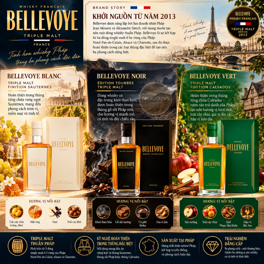 Whisky Bellevoye Finition Calvados (Tem Xanh Lá) - 700ml - 43% - Pháp