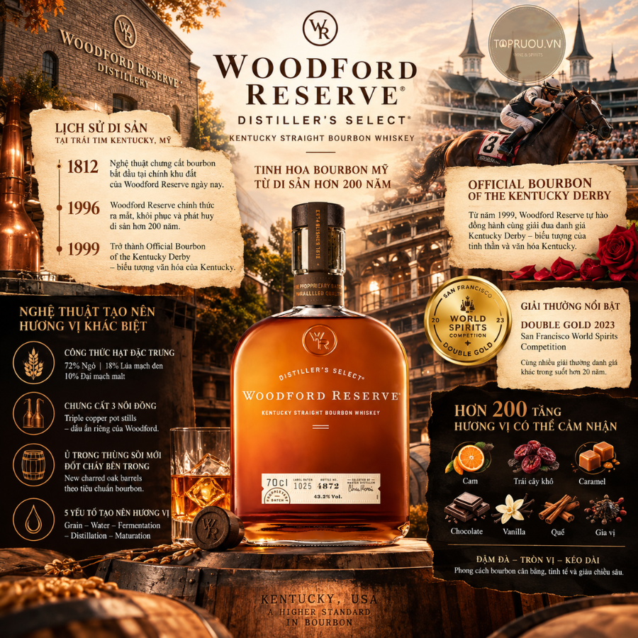 Whisky Woodford Reserve Kentucky Straight Bourbon - 700ml - 43,2% - Mỹ