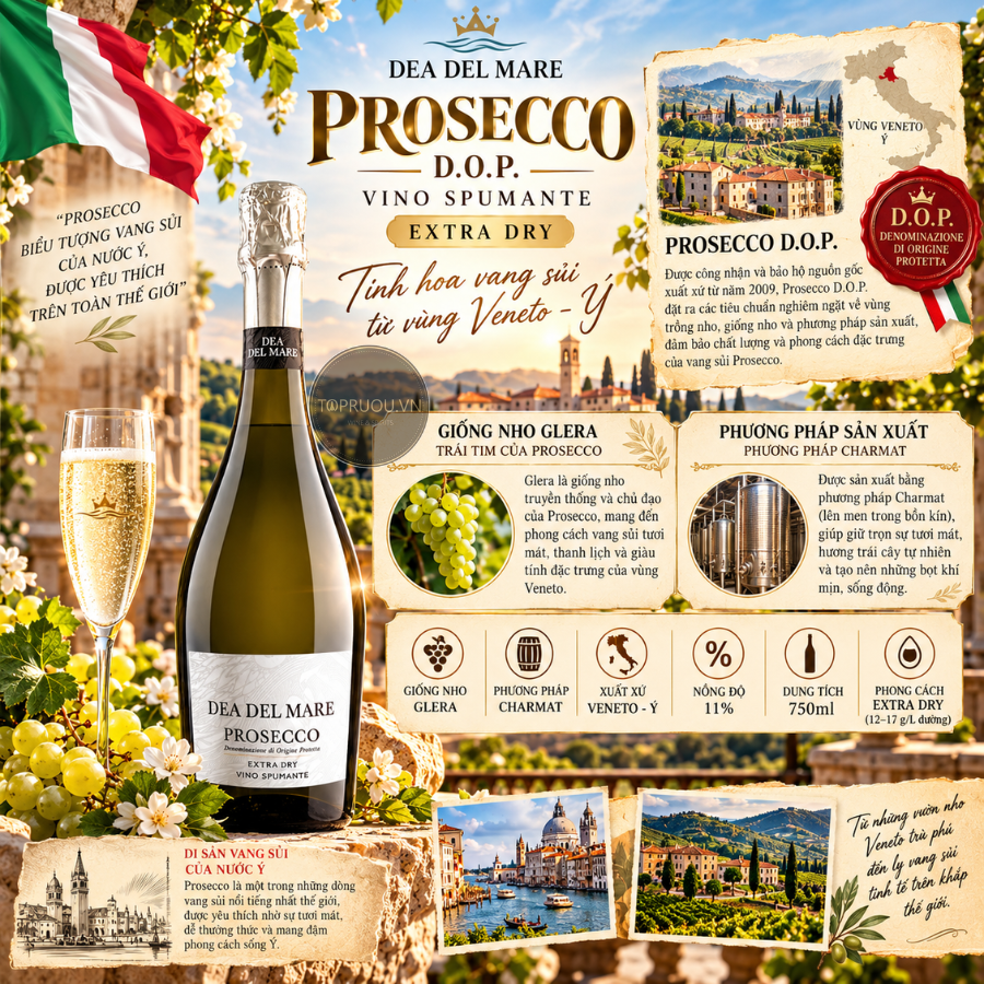 Vang nổ Dea Del Mare Vino Spumante Extra Dry Prosecco DOP - Ý - Glera - 11% - 750ml