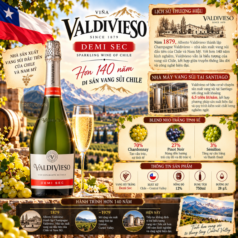 Vang Nổ Sparkling Wine Valdivieso Demi Sec - Chile - Chardonnay, Semillon - 12%  - 750ml