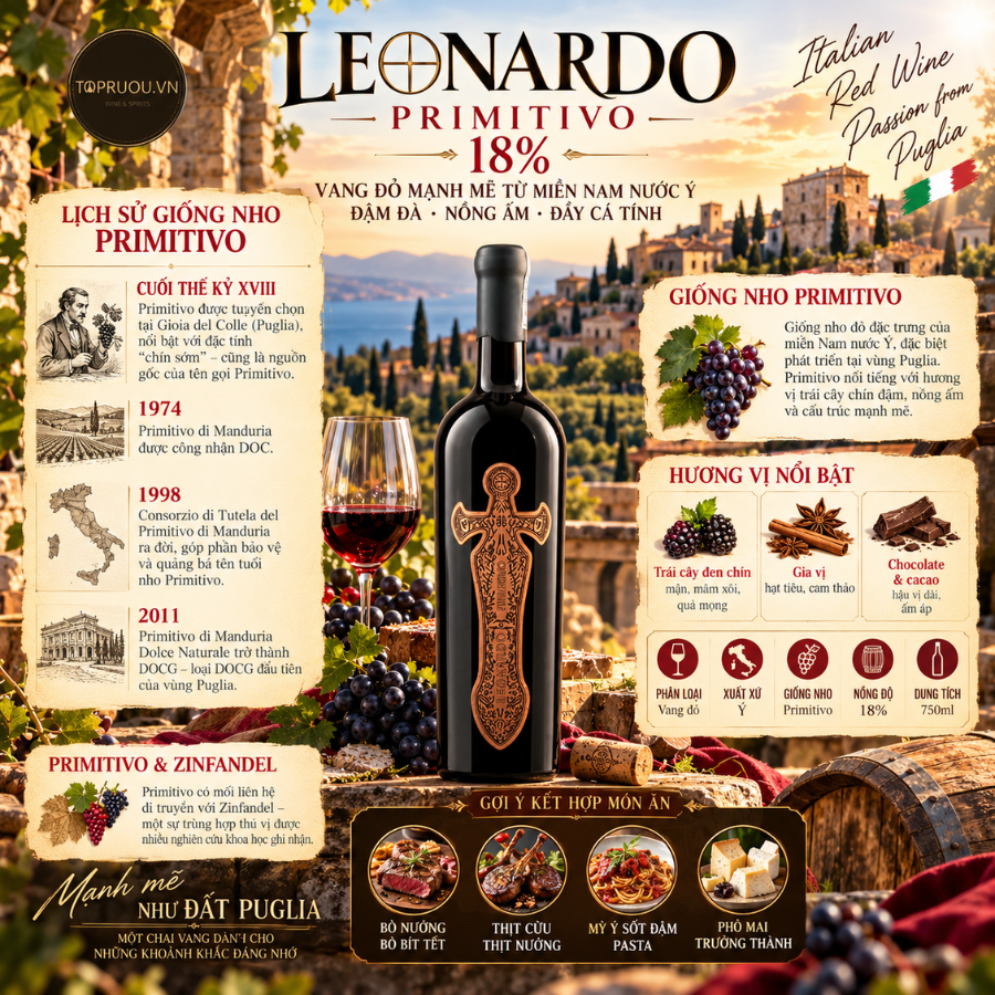 Rượu Vang Đỏ Leonardo Primitivo - Ý - Primitivo - 18% - 750ml
