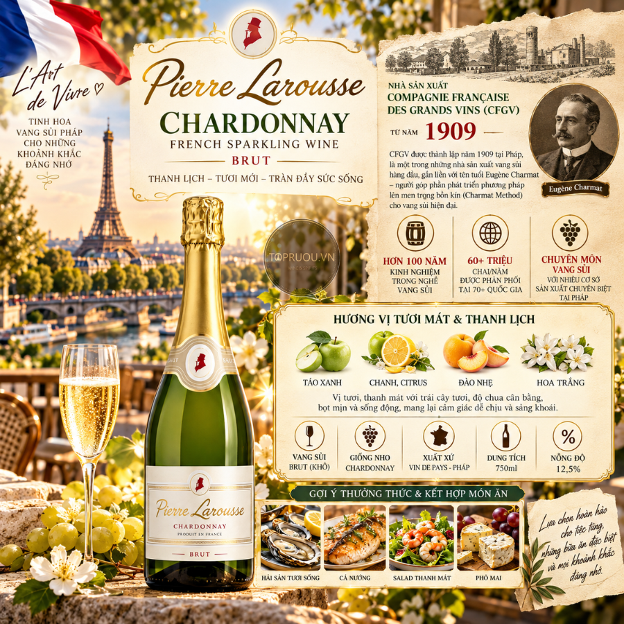 Vang Nổ Pierre Larousse Chardonnay Sparkling Wine - Pháp - Chardonnay - 12,5% - 750ml
