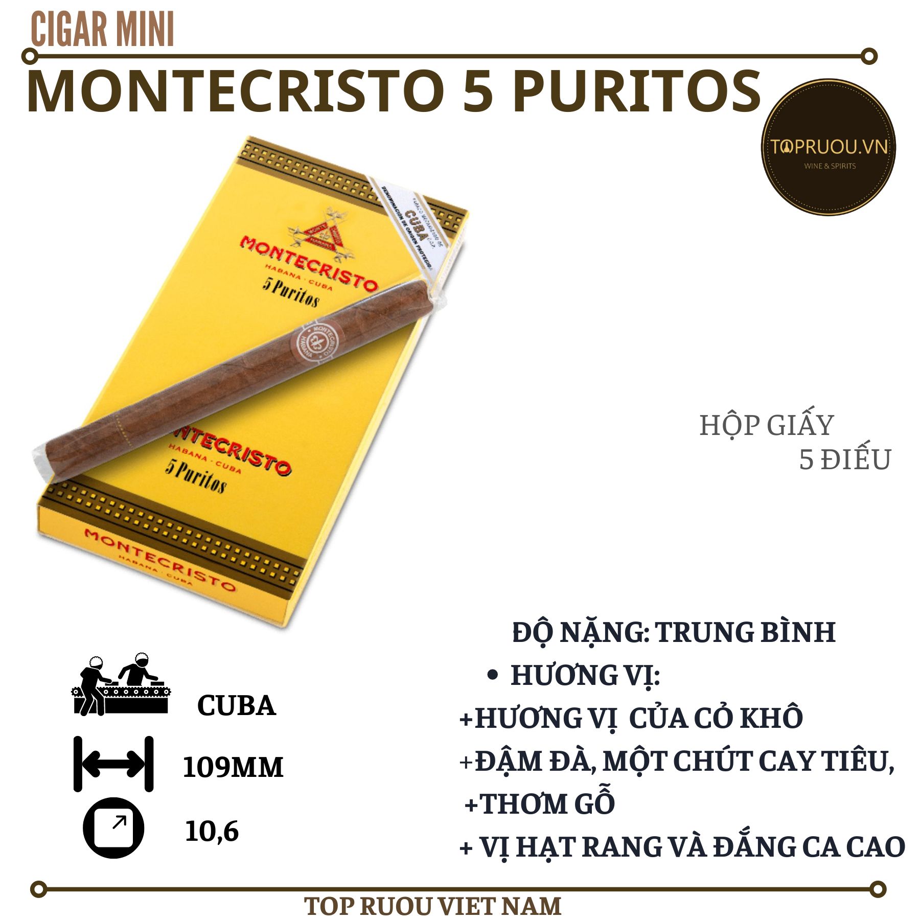 Xì Gà Montecristo Puritos - 5 Điếu - Cuba