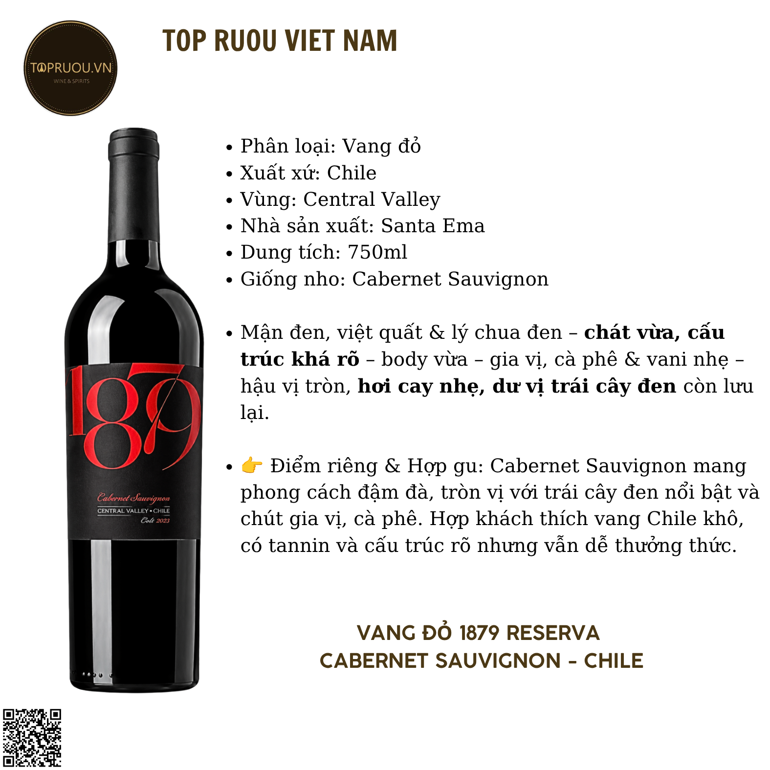 Rượu Vang Đỏ 1879 Reserva Cabernet Sauvignon - 750ml - 13,5% - Chile