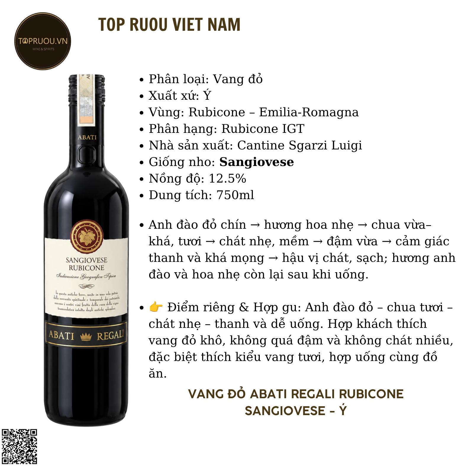Rượu Vang Đỏ Abati Regali Rubicone - Ý - Sangiovese - 12,5% - 750ml