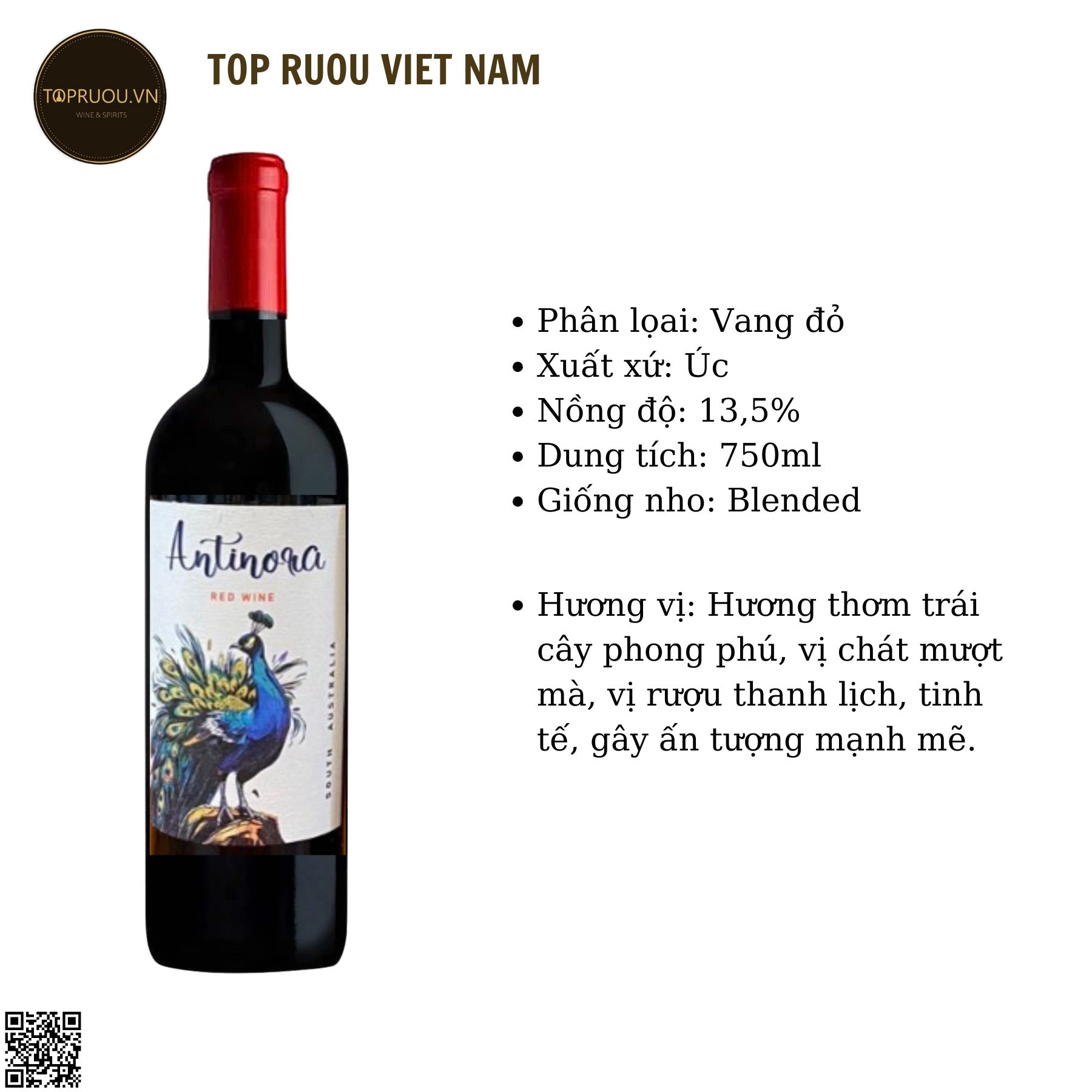 Rượu Vang Đỏ Antinora - Úc - Blended - 13,5% - 750ml