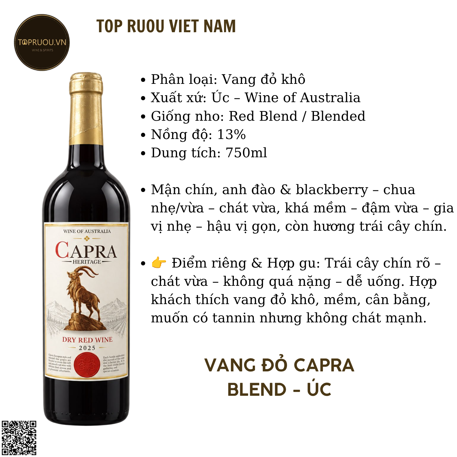 Rượu Vang Đỏ Capra Heritage - Úc - Blended - 13% - 750ml