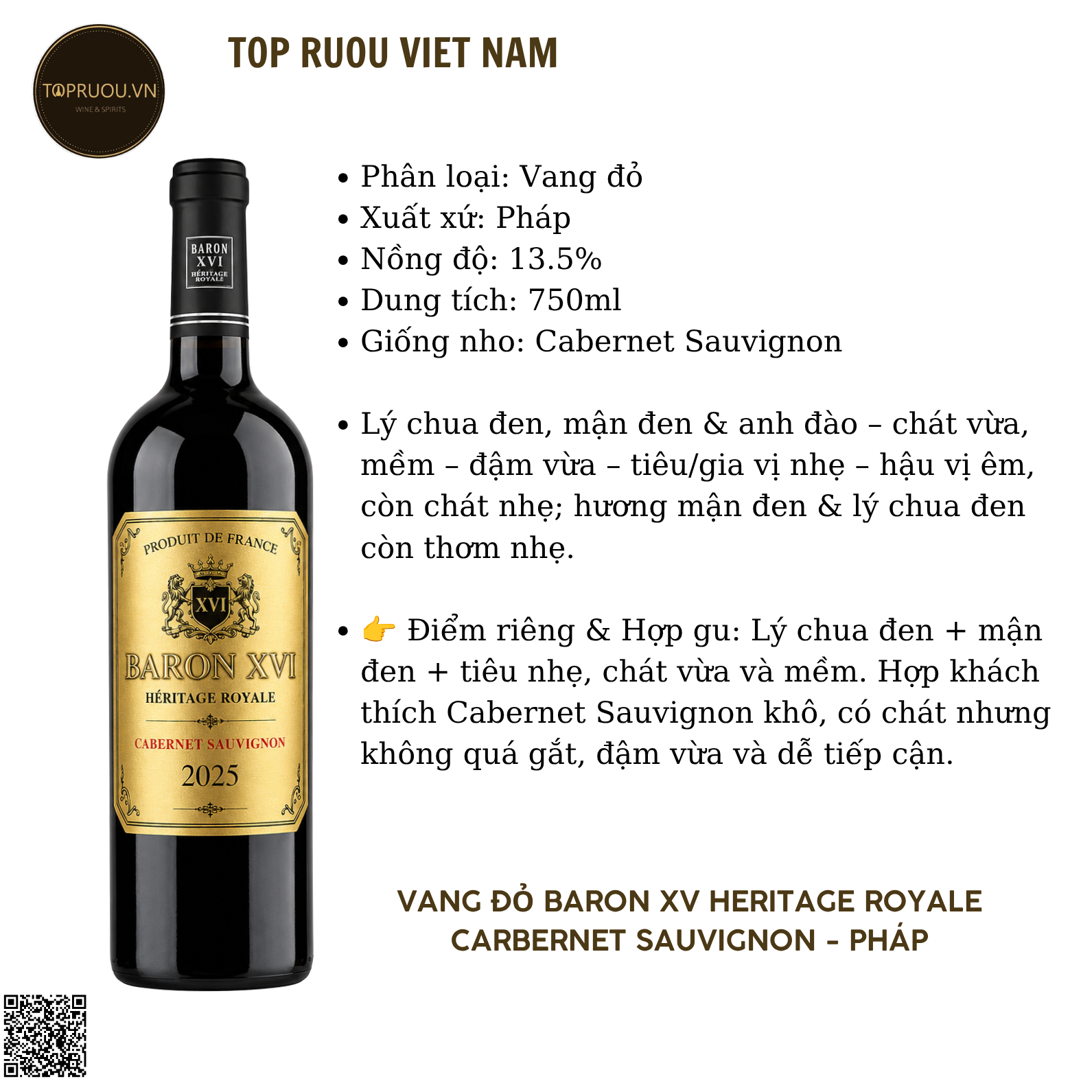 Rượu Vang Đỏ Baron XV Heritage Royale - Pháp - Cabernet Sauvignon - 13,5% - 750ml