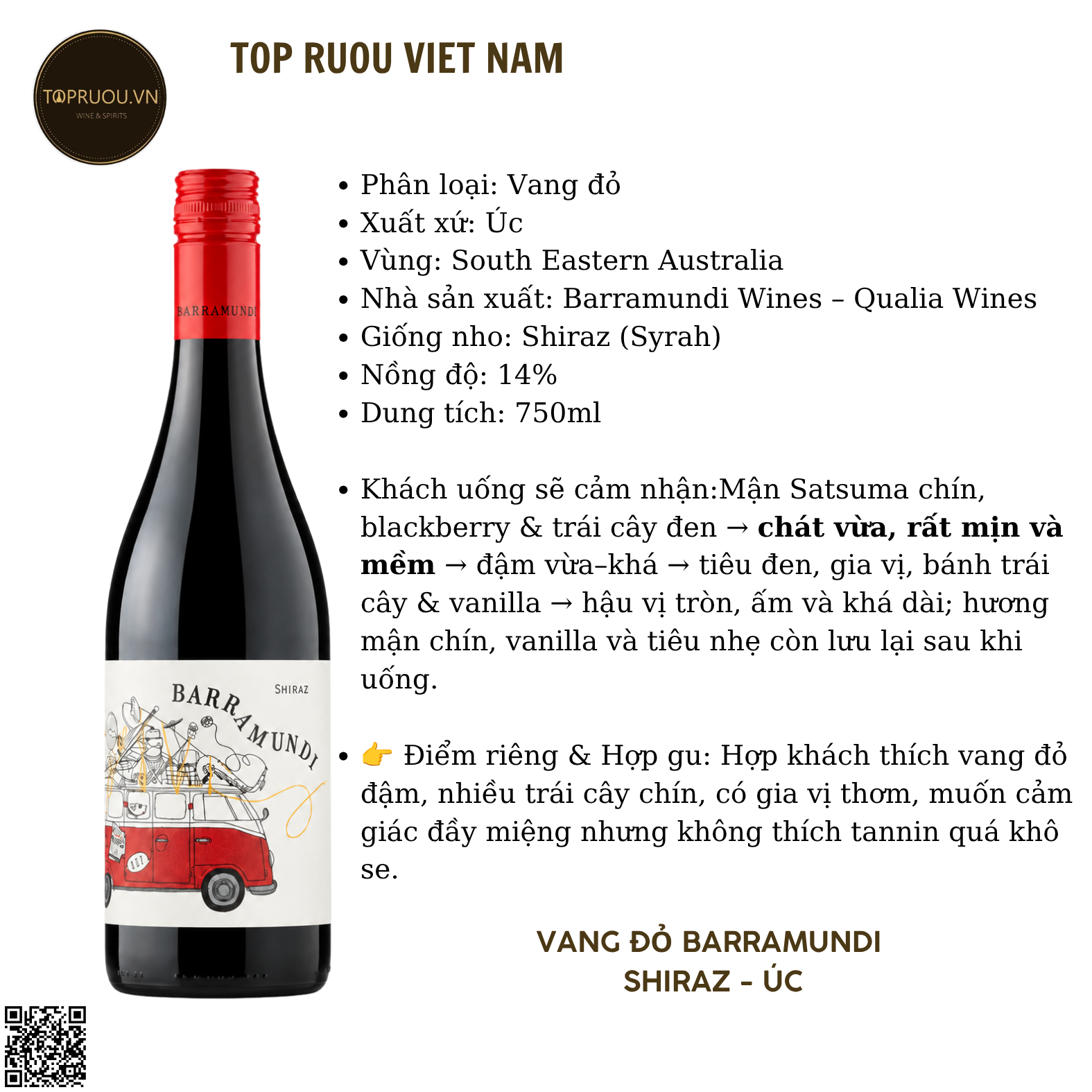 Rượu Vang Đỏ Barramundi - Úc - Shiraz - 14% - 750ml