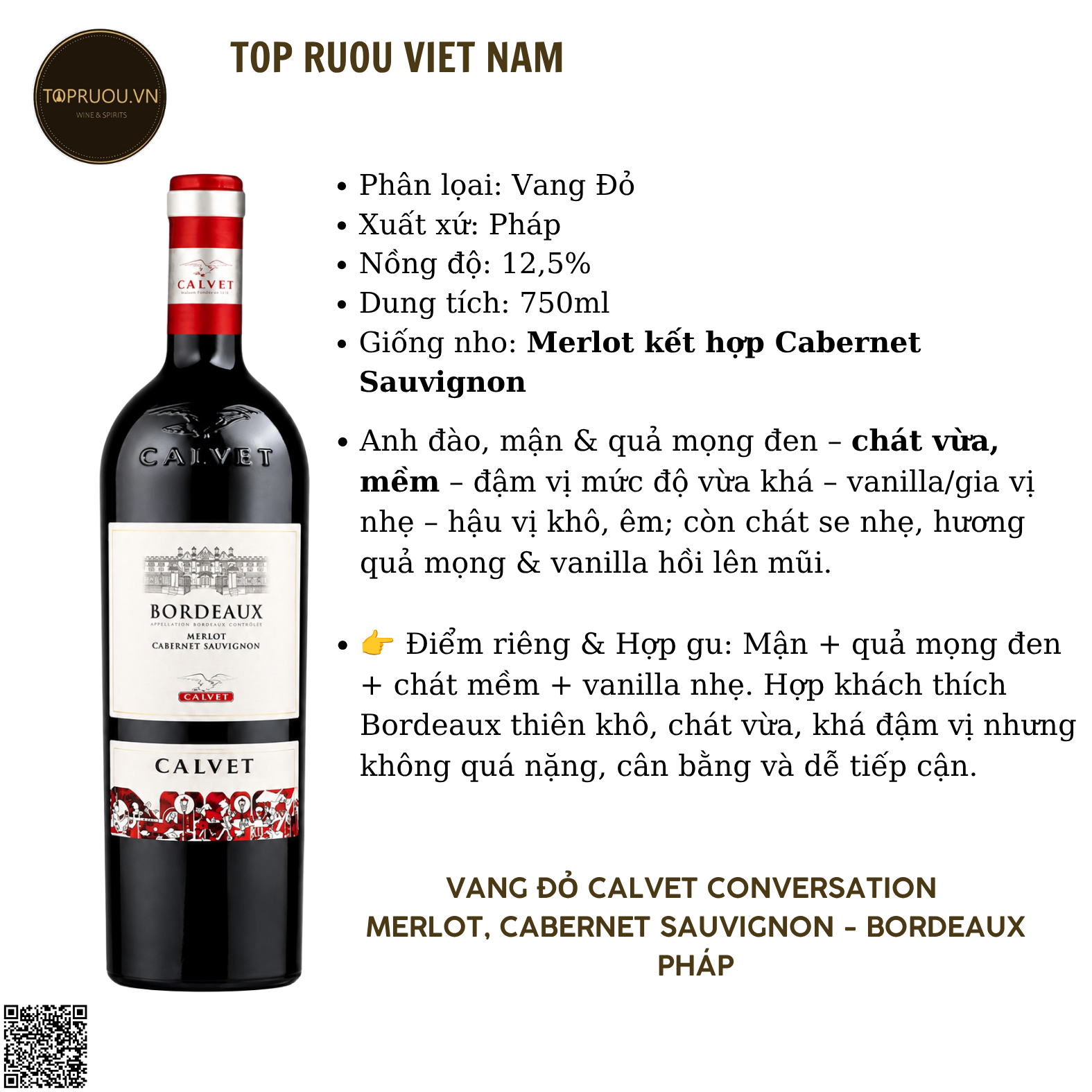 Rượu Vang Đỏ Calvet Conversation Bordeaux - Pháp - Merlot, Cabernet Sauvignon - 12.5% - 750ml