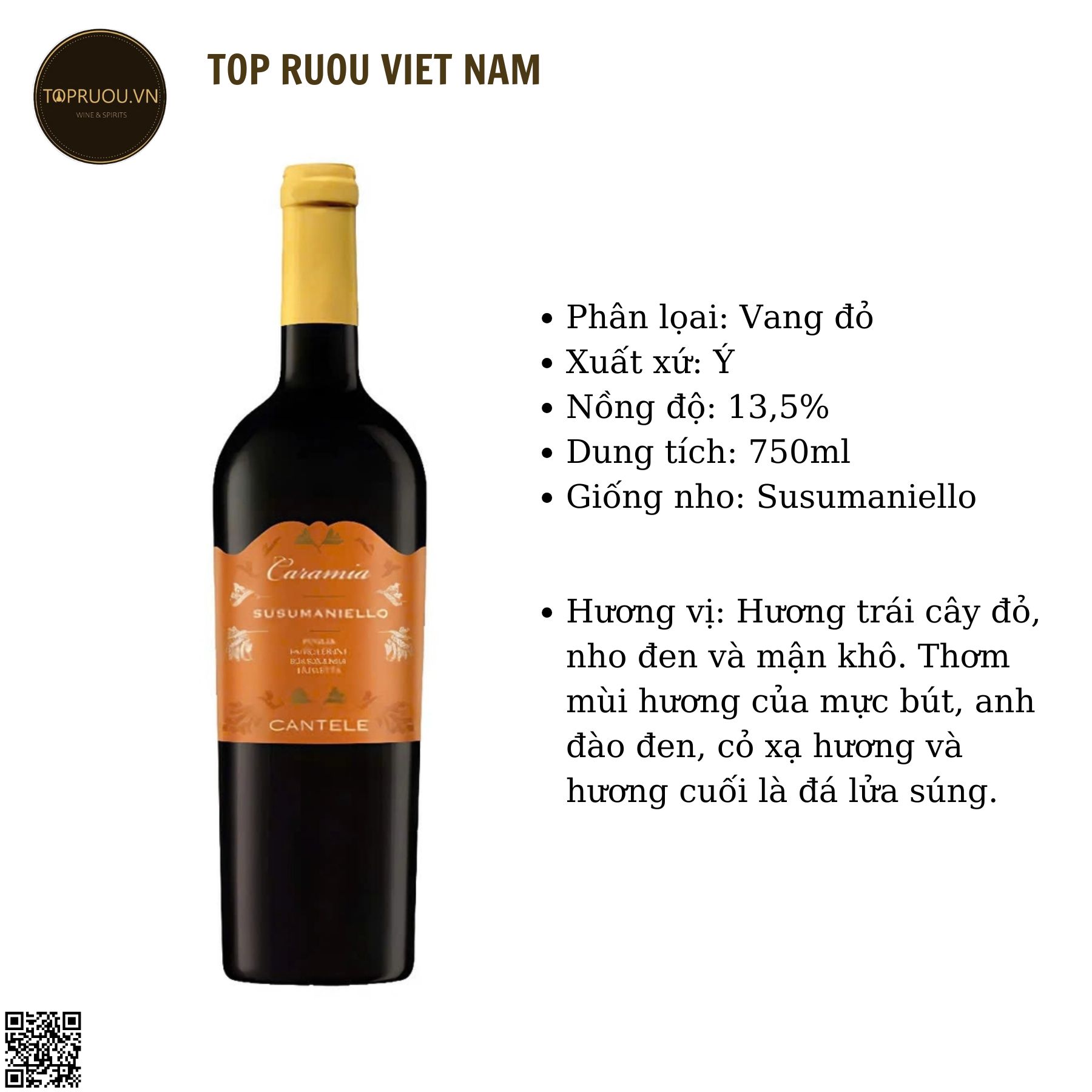 Rượu Vang Đỏ Caramia  - Ý - Susumaniello - 13,5% - 750ml