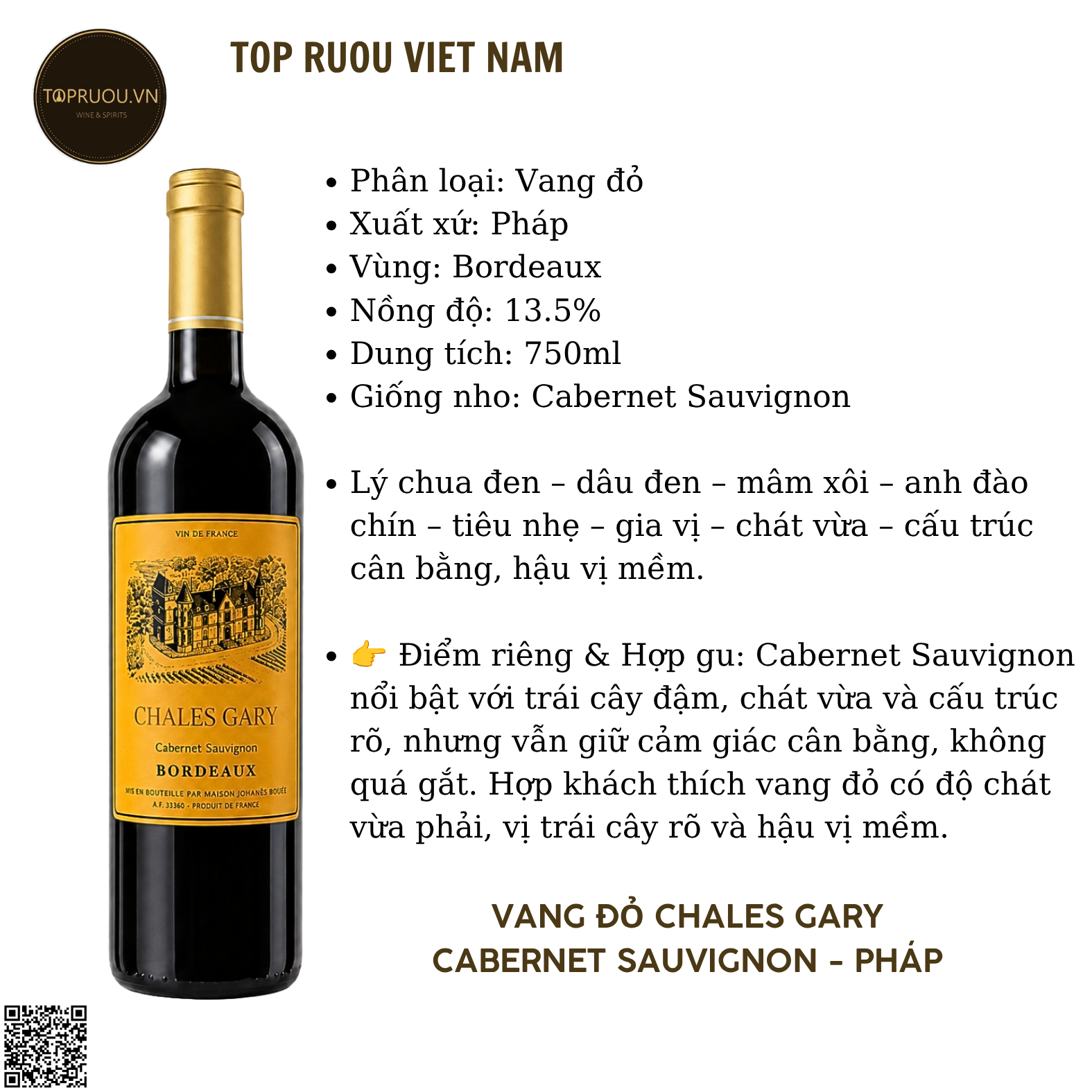 Rượu Vang Đỏ Chales Gary - Pháp - Cabernet Sauvignon - 13,5% - 750ml