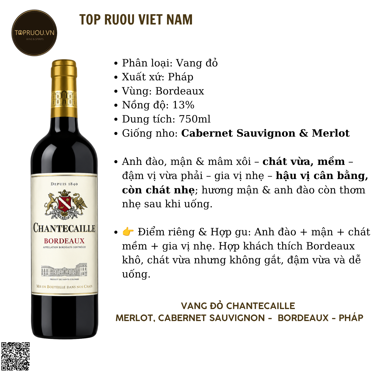 Rượu Vang Đỏ Chantecaille Bordeaux - Pháp - Cabernet Sauvignon, Merlot - 13% - 750ml