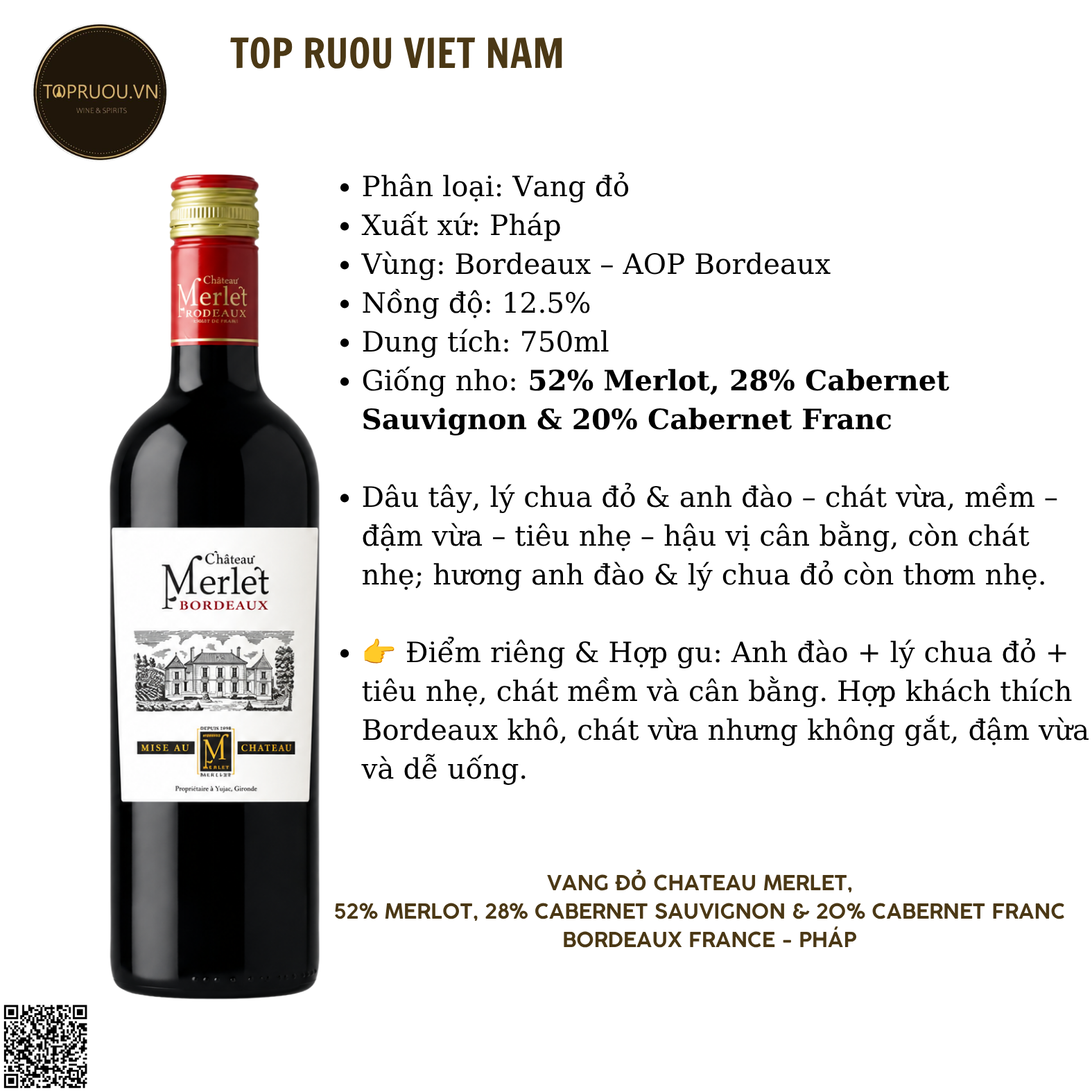 Rượu Vang Đỏ Chateau Merlet Bordeaux - Pháp - Merlot, Cabernet Sauvignon - 12,5% - 750ml