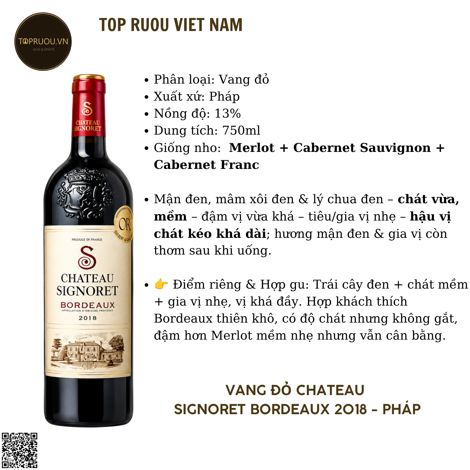Rượu Vang Đỏ Chateau Signoret Bordeaux 2018 - Pháp - 13% - 750ml