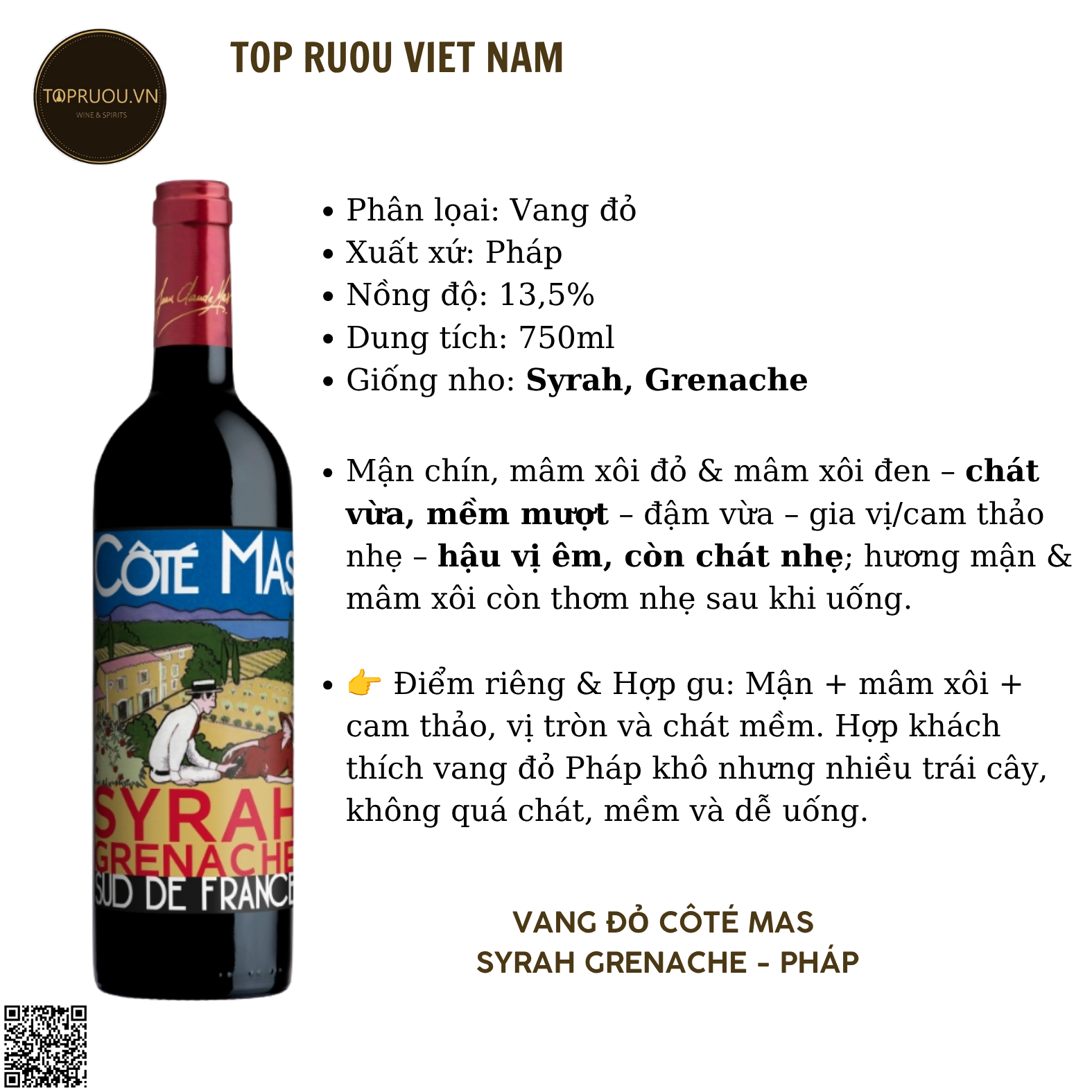 Rượu Vang Đỏ Côté Mas Rouge Du Midi - Pháp - Syrah, Grenache - 13.5% - 750ml