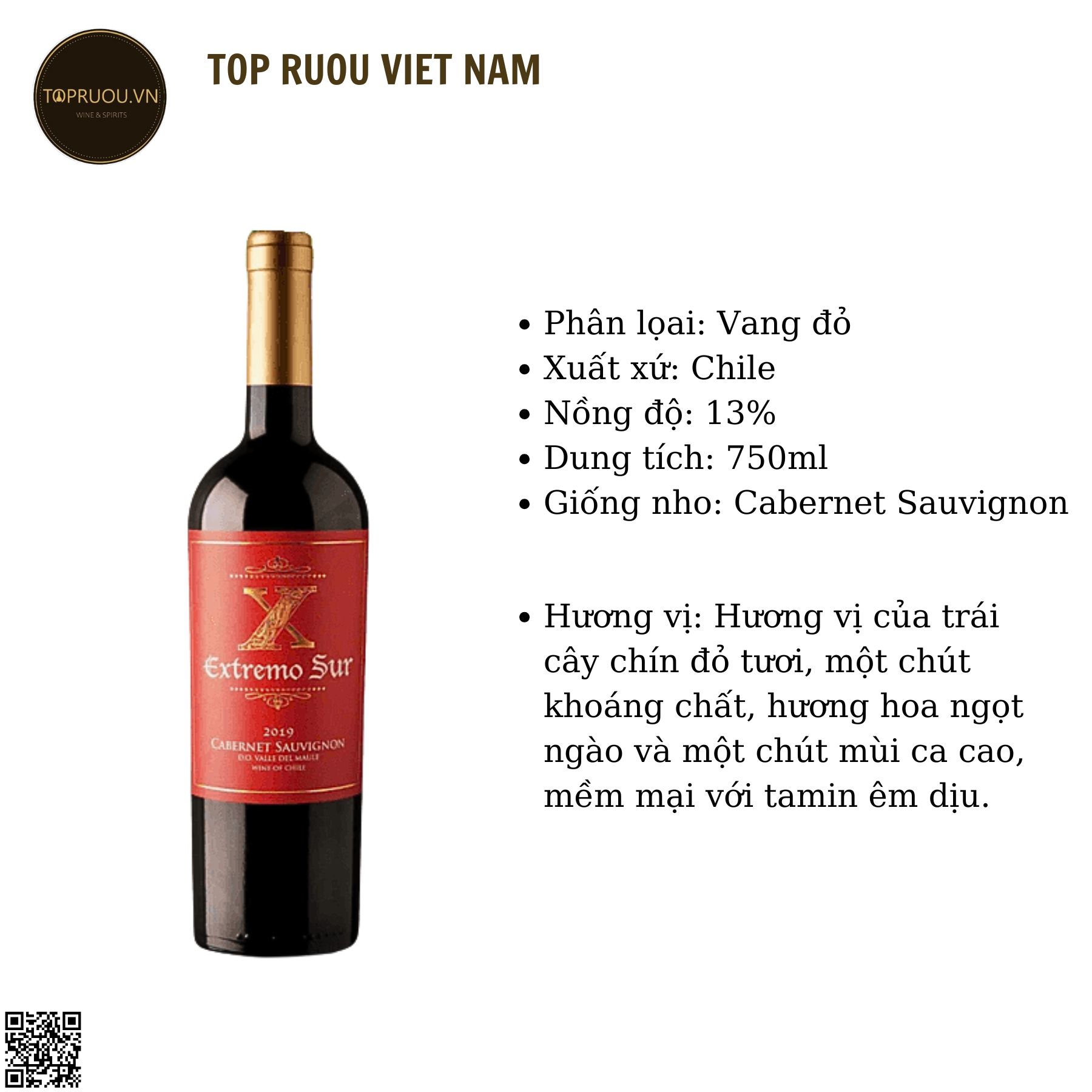 Rượu Vang Đỏ Extremo Sur Cabernet Sauvignon 750ml- 13% - Chile