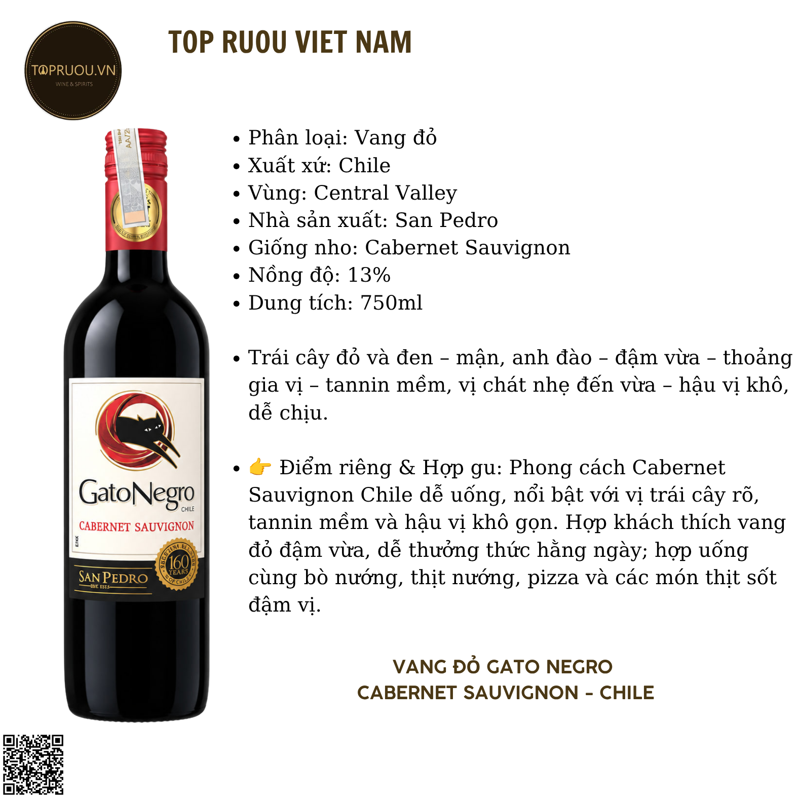 Rượu Vang Đỏ Gato Negro - Chile - Cabernet Sauvignon - 13% - 750ml