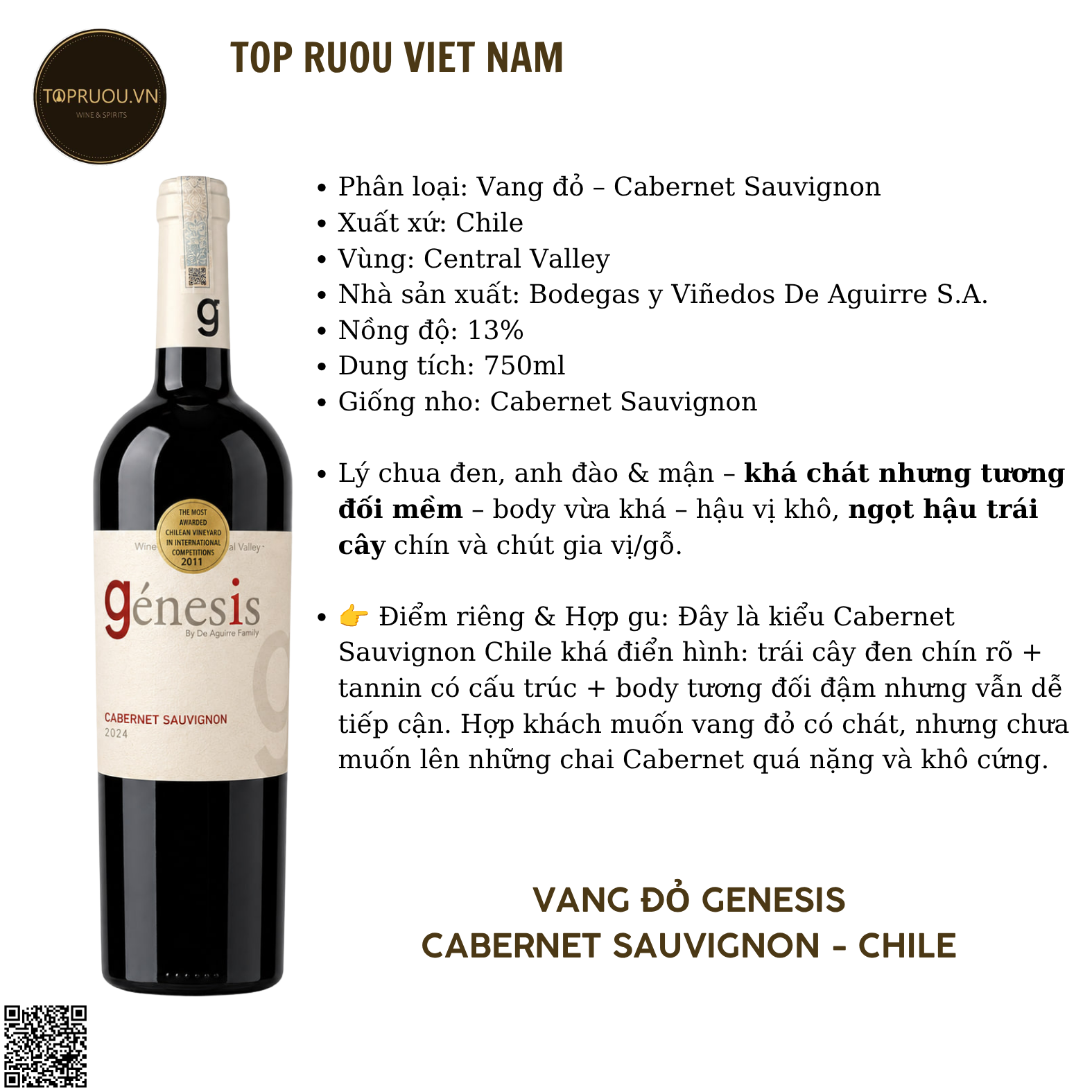 Rượu Vang Đỏ Genesis - Chile - Cabernet Sauvignon - 13% - 750ml