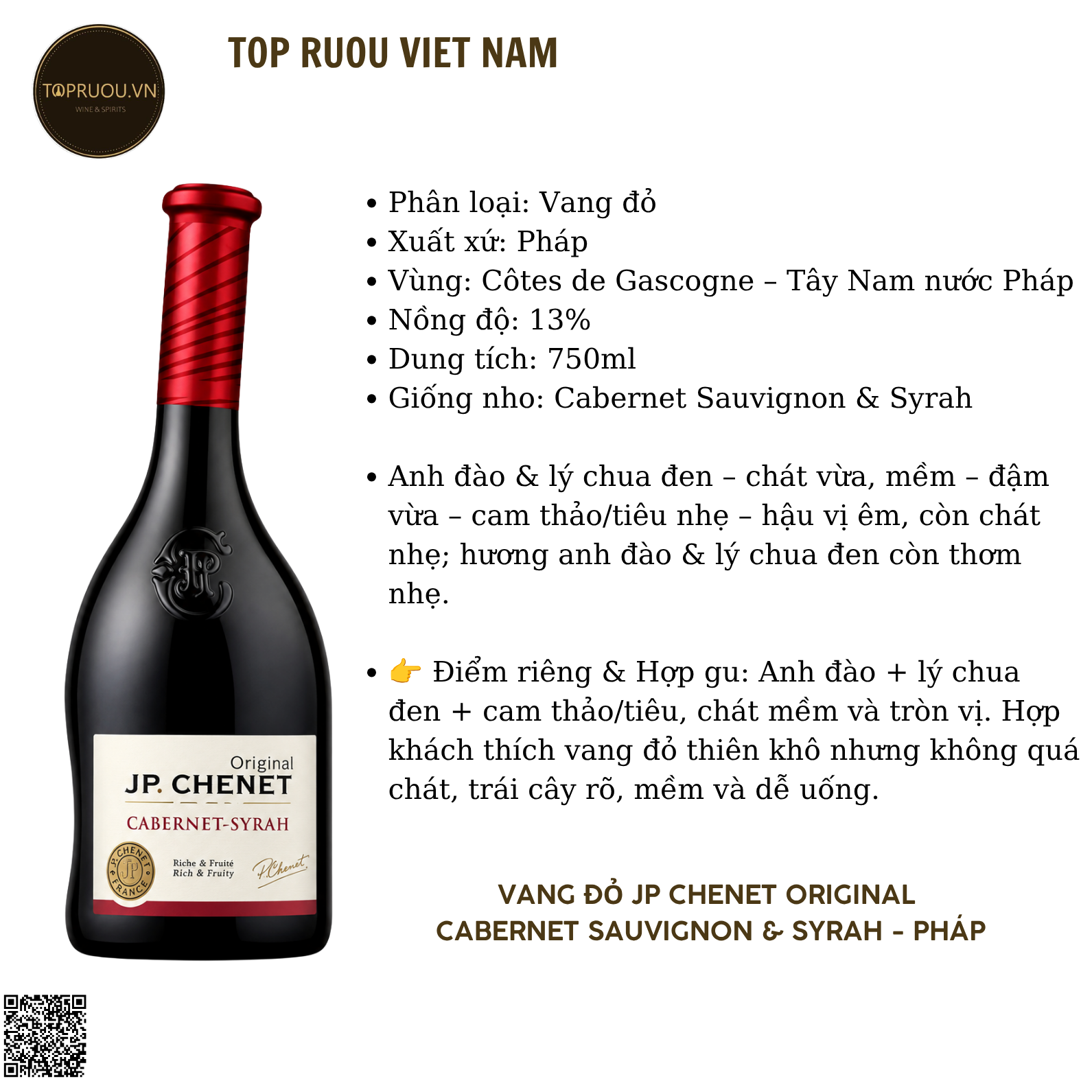 Rượu Vang Đỏ JP Chenet Original - Pháp - Cabernet Sauvignon, Syrah - 13% - 750ml