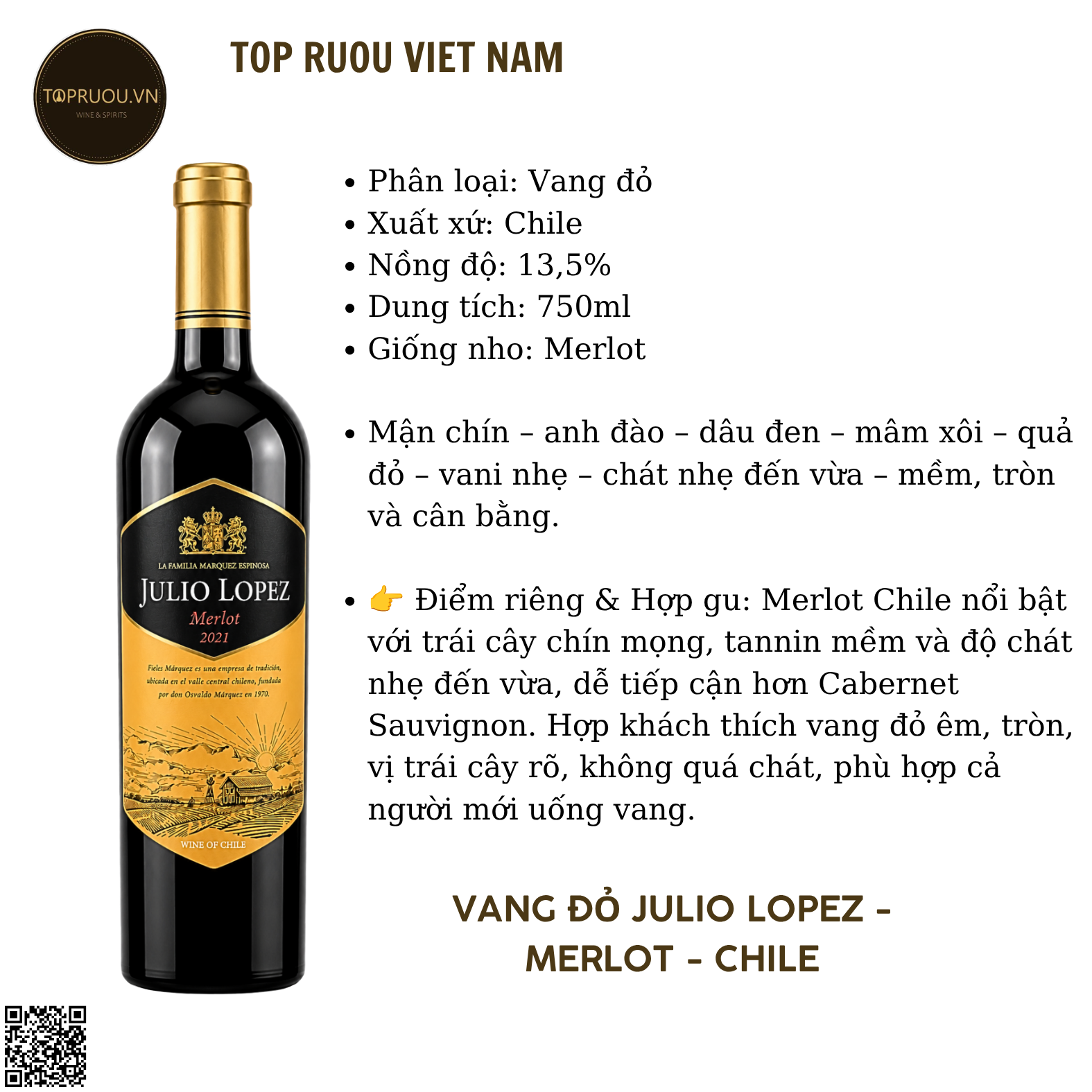 Rượu Vang Đỏ Julio Lopez - Chile - Merlot - 13,5% - 750ml
