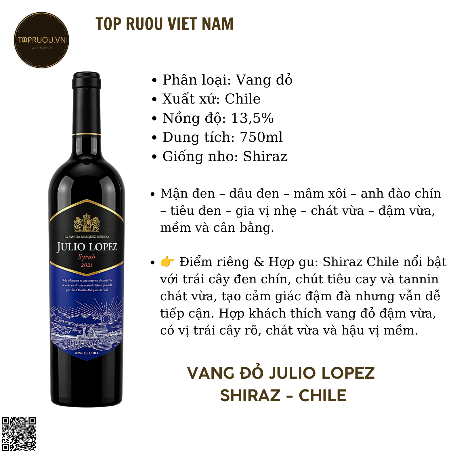 Rượu Vang Đỏ Julio Lopez - Chile - Shiraz - 13,5% - 750ml