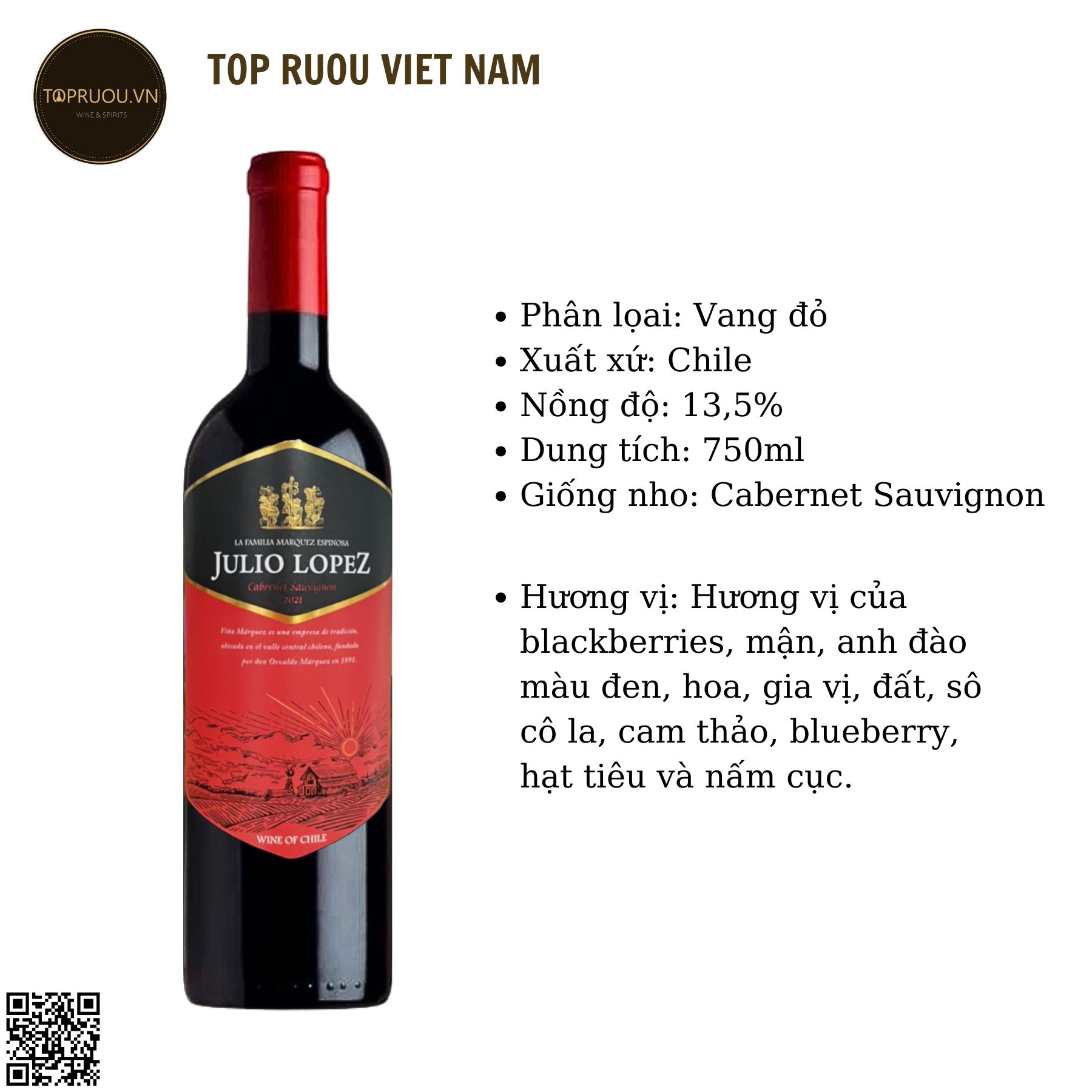Rượu Vang Đỏ Julio Lopez - Chile - Cabernet Sauvignon - 13,5% - 750ml