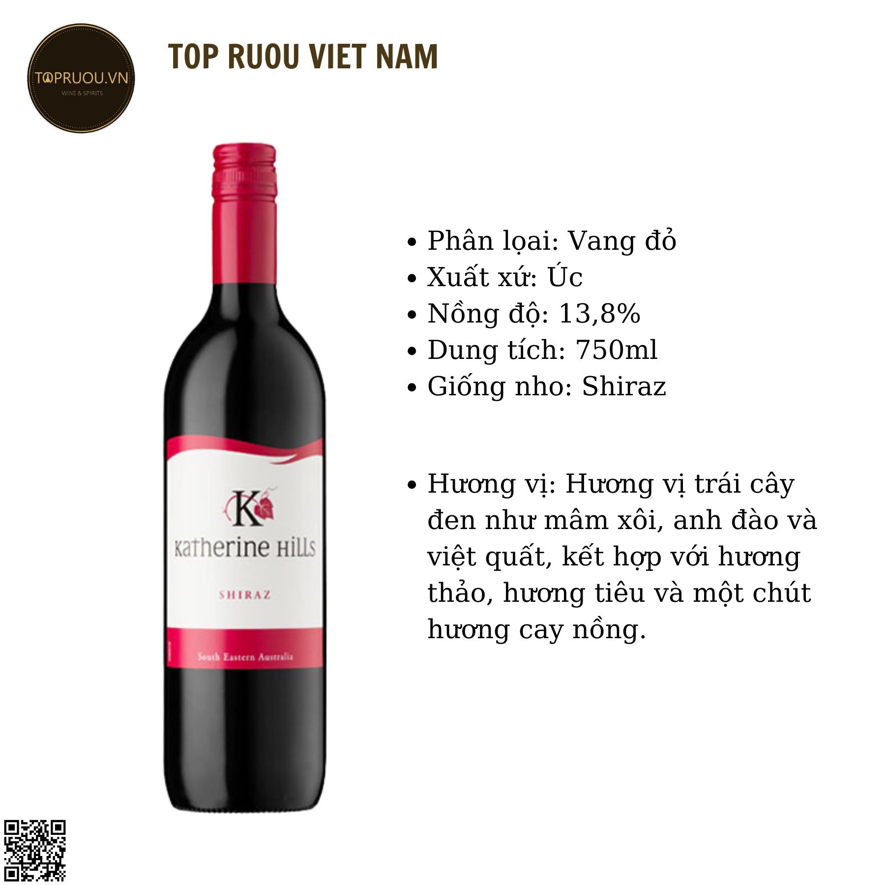 Rượu Vang Đỏ Katherine Hills  - Úc - Shiraz - 13,8% - 750ml